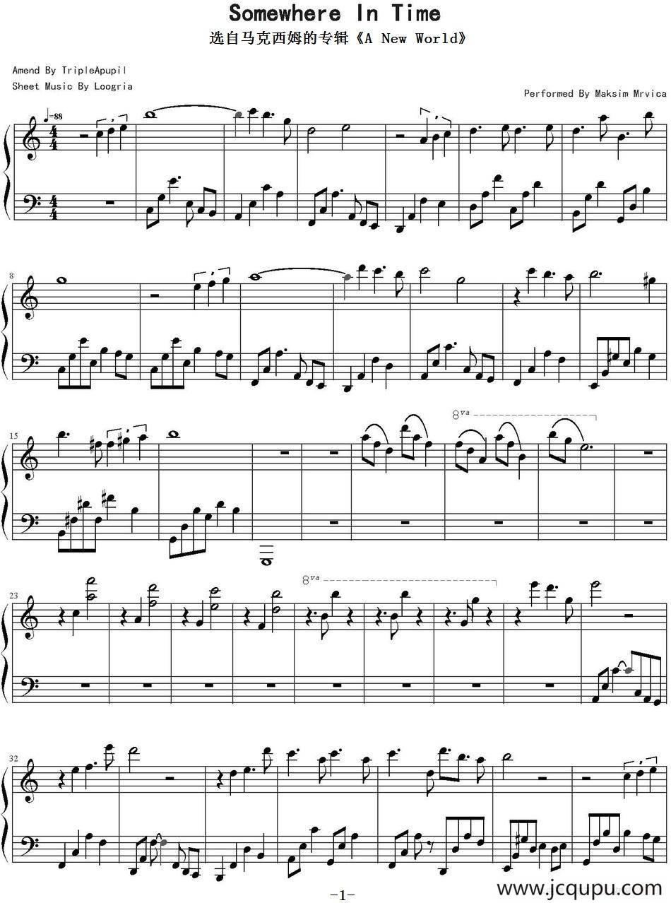 Somewhere in Time（选自马克西姆的专辑《A New World》）简谱