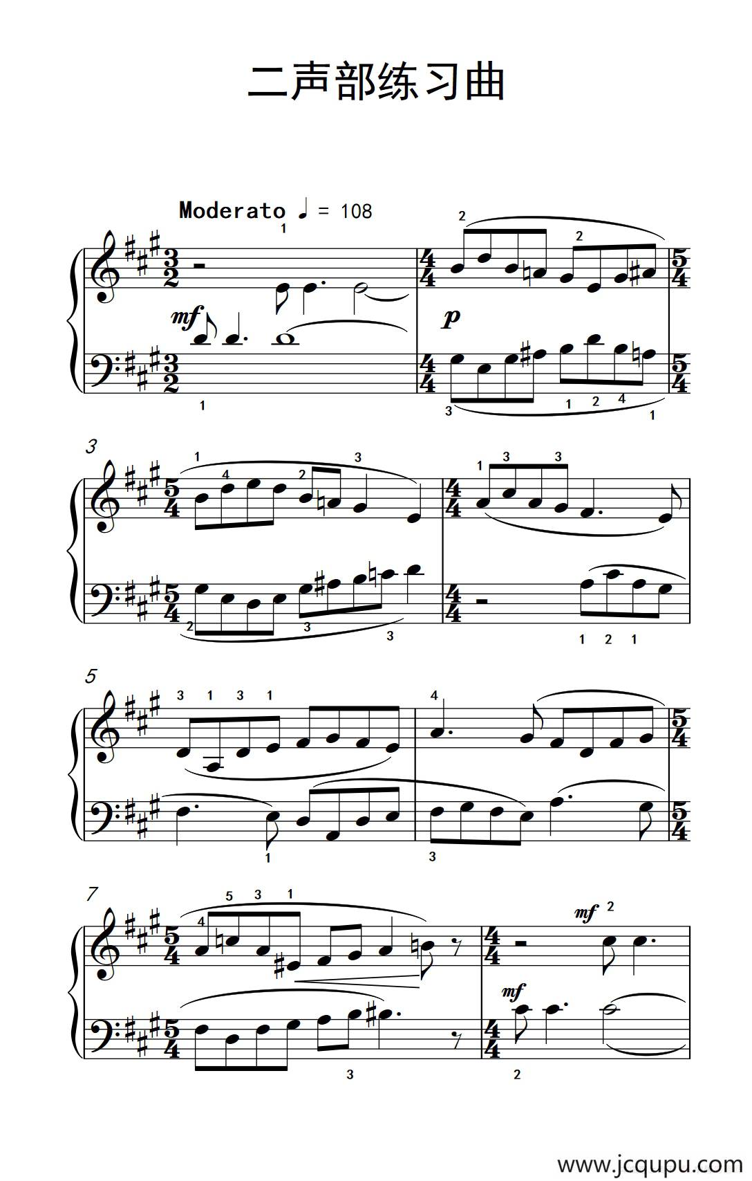 二声部练习曲（巴托克 小宇宙 钢琴教程 4）简谱