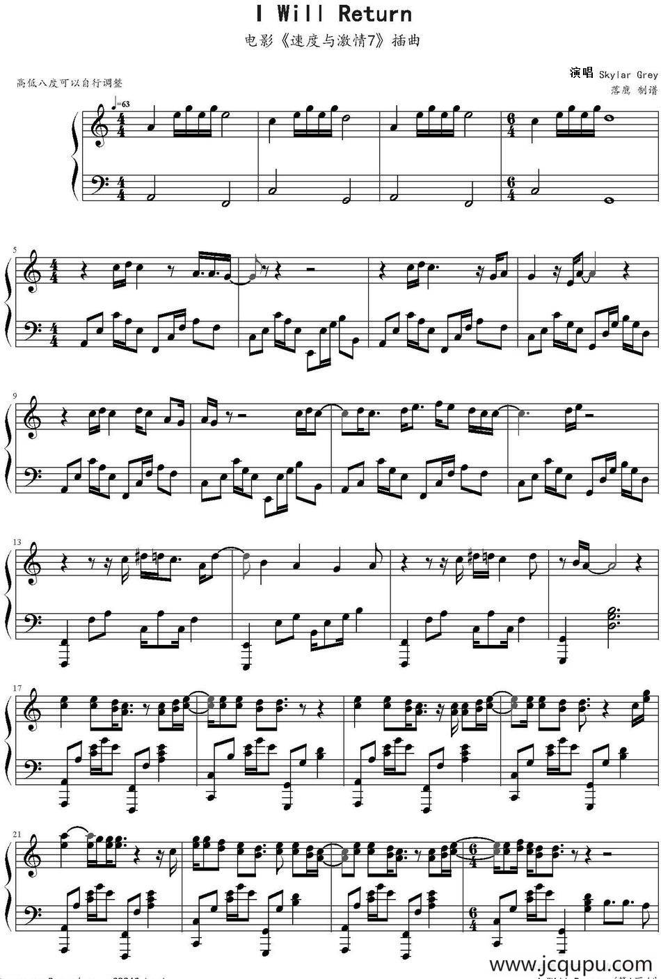 I Will Return（电影《速度与激情7》插曲）简谱