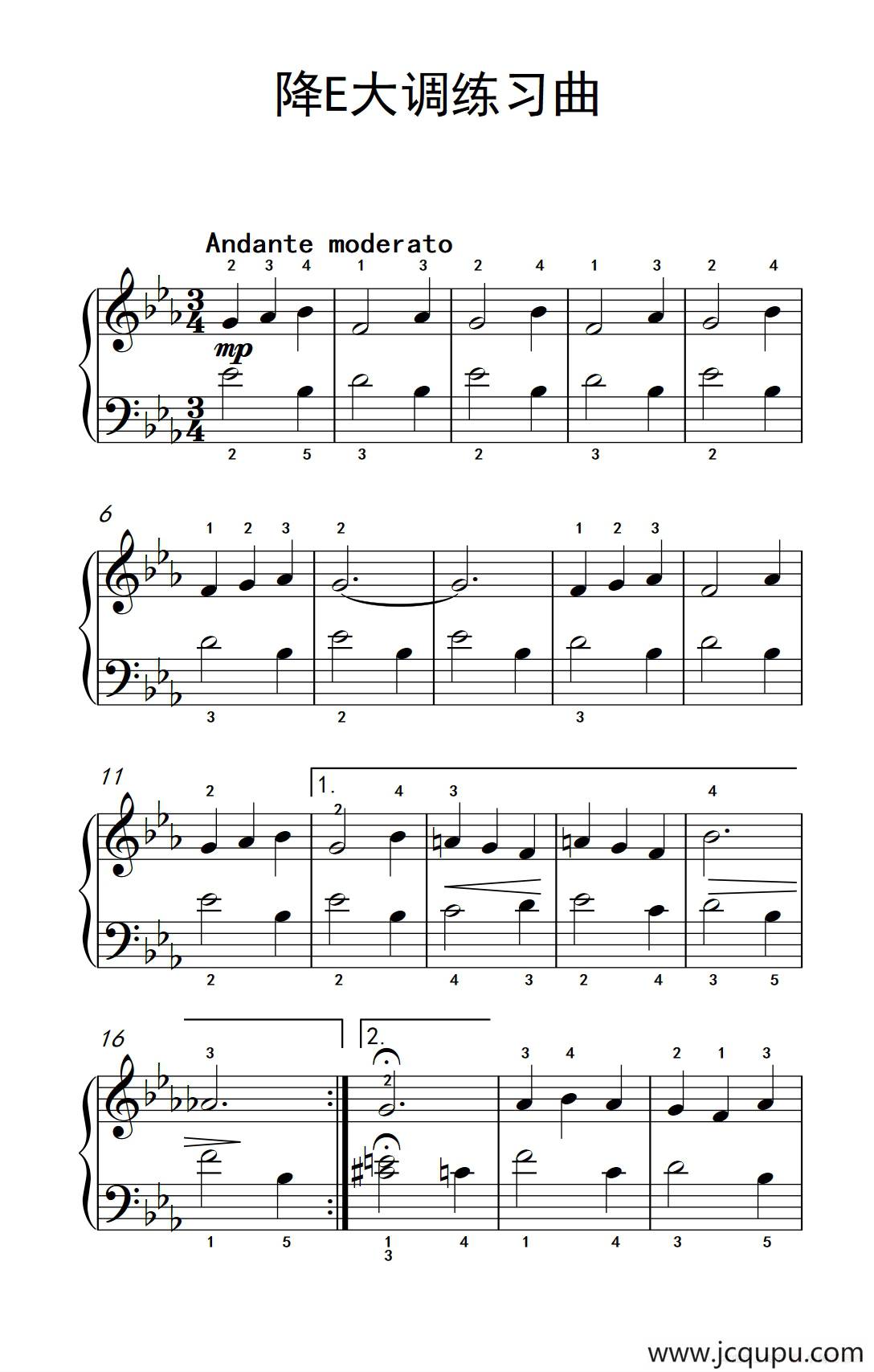 降E大调练习曲（约翰·汤普森 成人钢琴教程 第一册）简谱