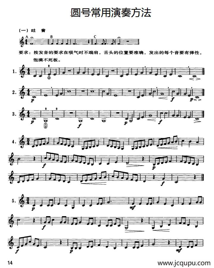 圆号常用演奏方法（一）吐音简谱