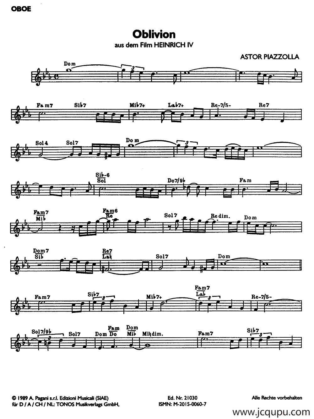 Oblivion（遗忘）（双簧管）简谱