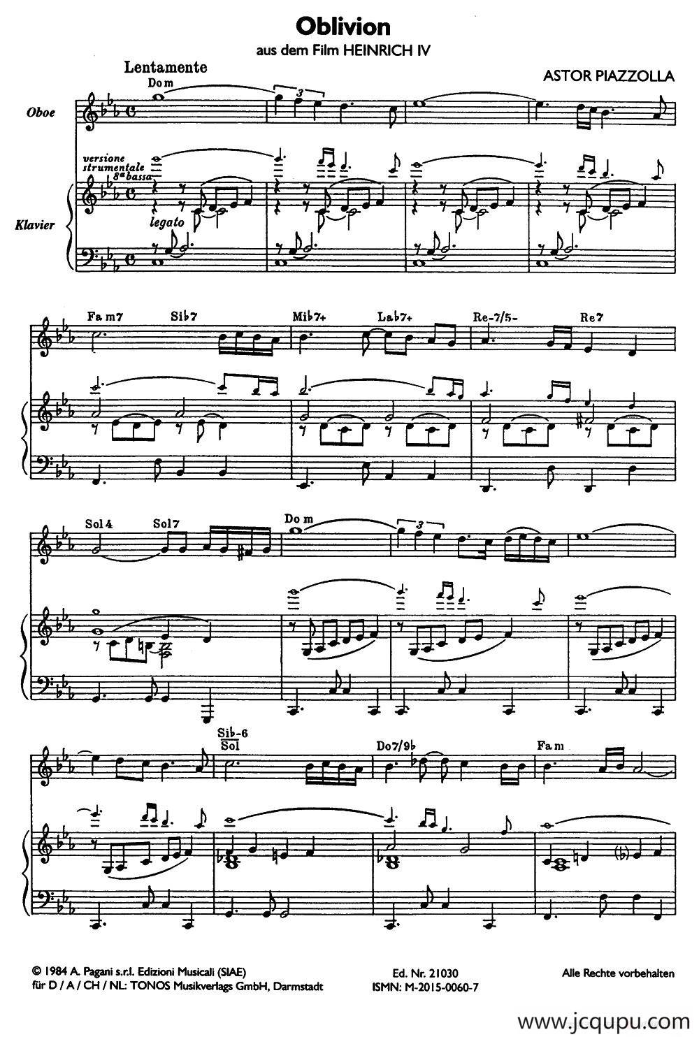 Oblivion（遗忘）（双簧管+钢琴伴奏）简谱