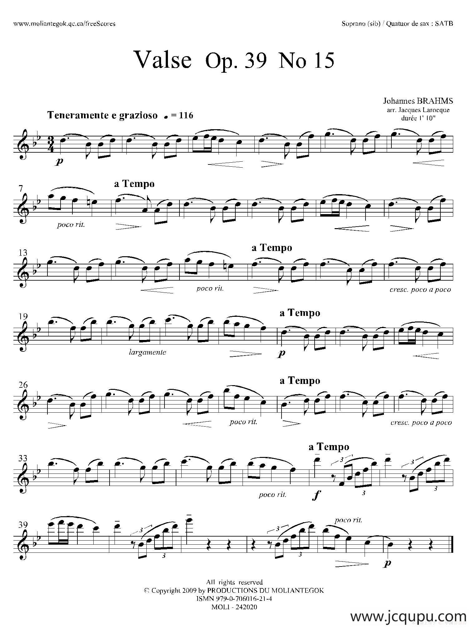 圆舞曲 Op39 No15（四重奏高音萨克斯分谱）简谱