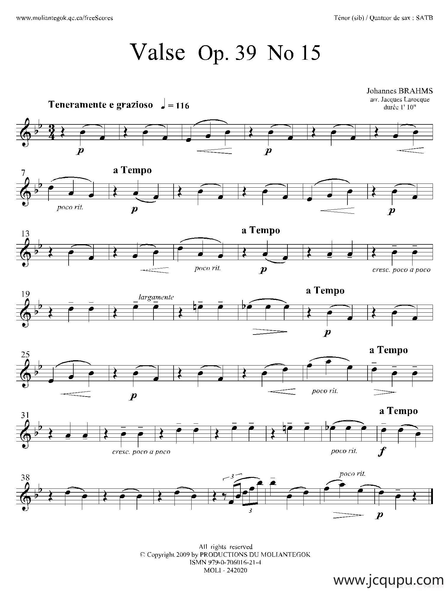 圆舞曲 Op39 No15（四重奏次中音萨克斯分谱）简谱