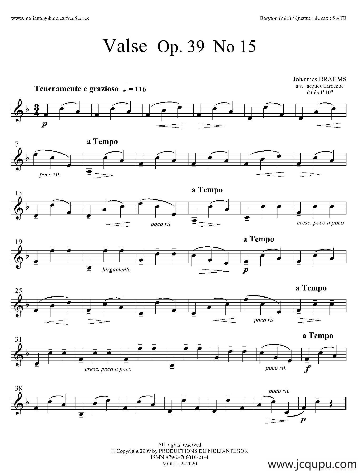 圆舞曲 Op39 No15（四重奏上低音萨克斯分谱）简谱