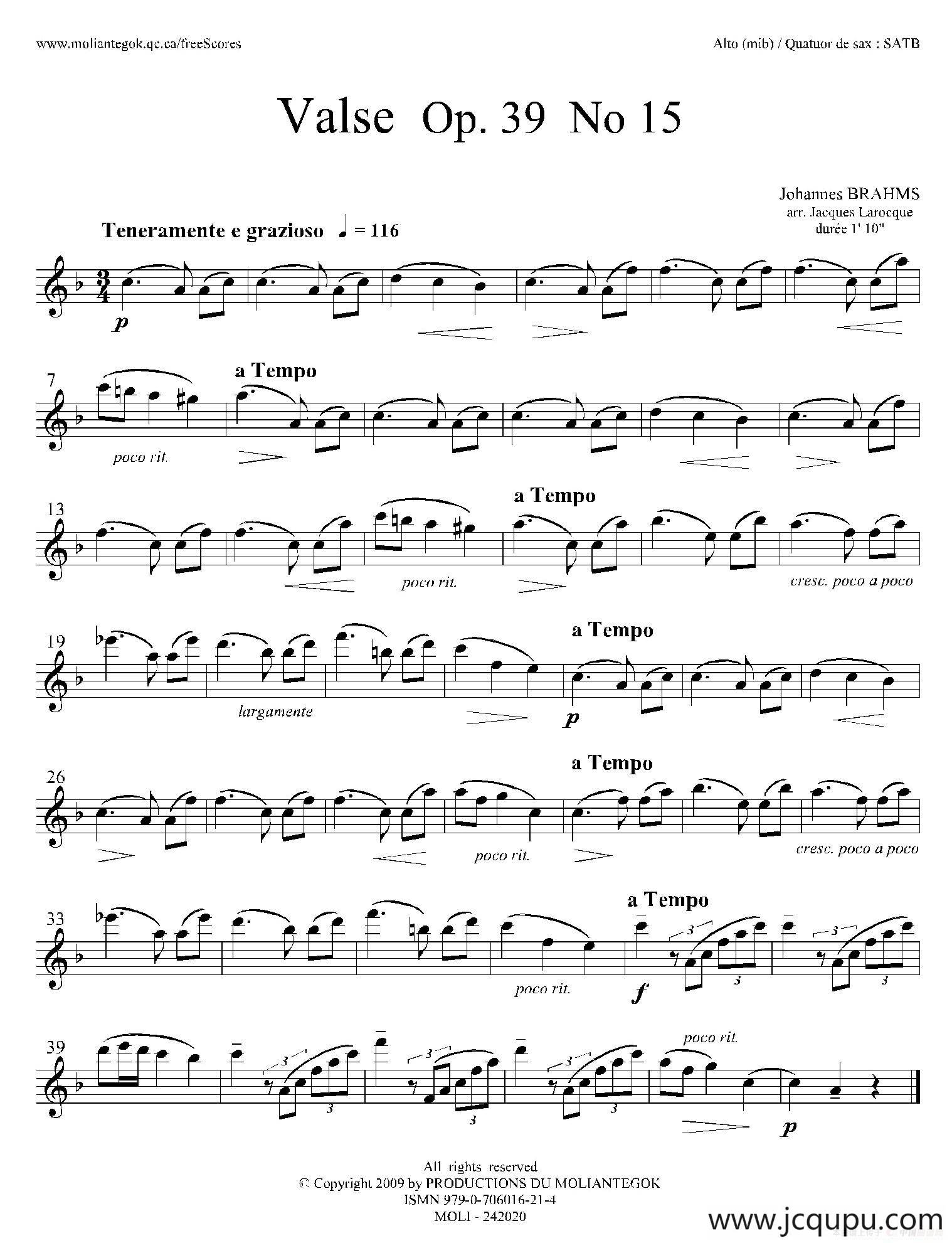 圆舞曲 Op39 No15（四重奏中音萨克斯分谱）简谱