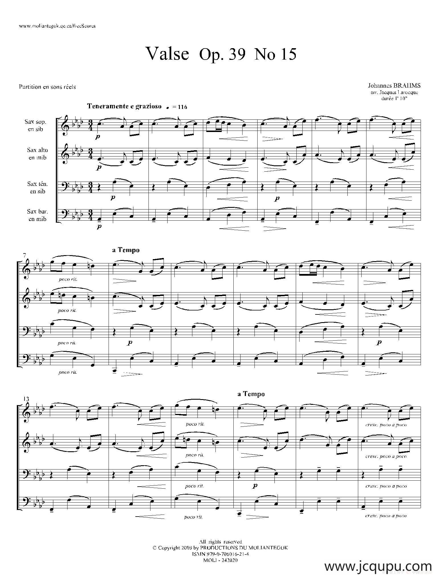 圆舞曲 Op39 No15（四重奏总谱）简谱