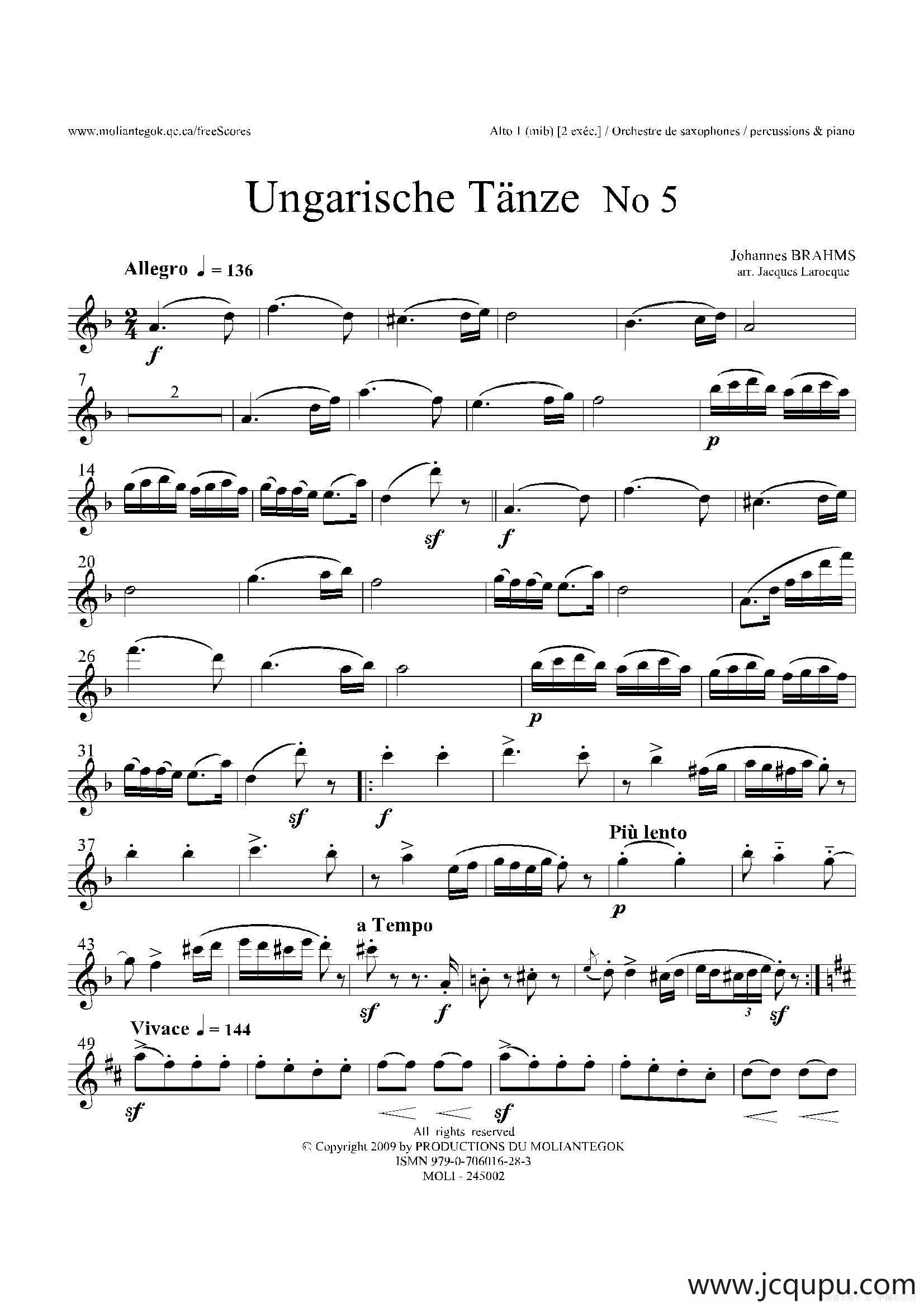 Ungarische Tnze No 5（十五重奏​Alt.1-2-3​分谱）简谱