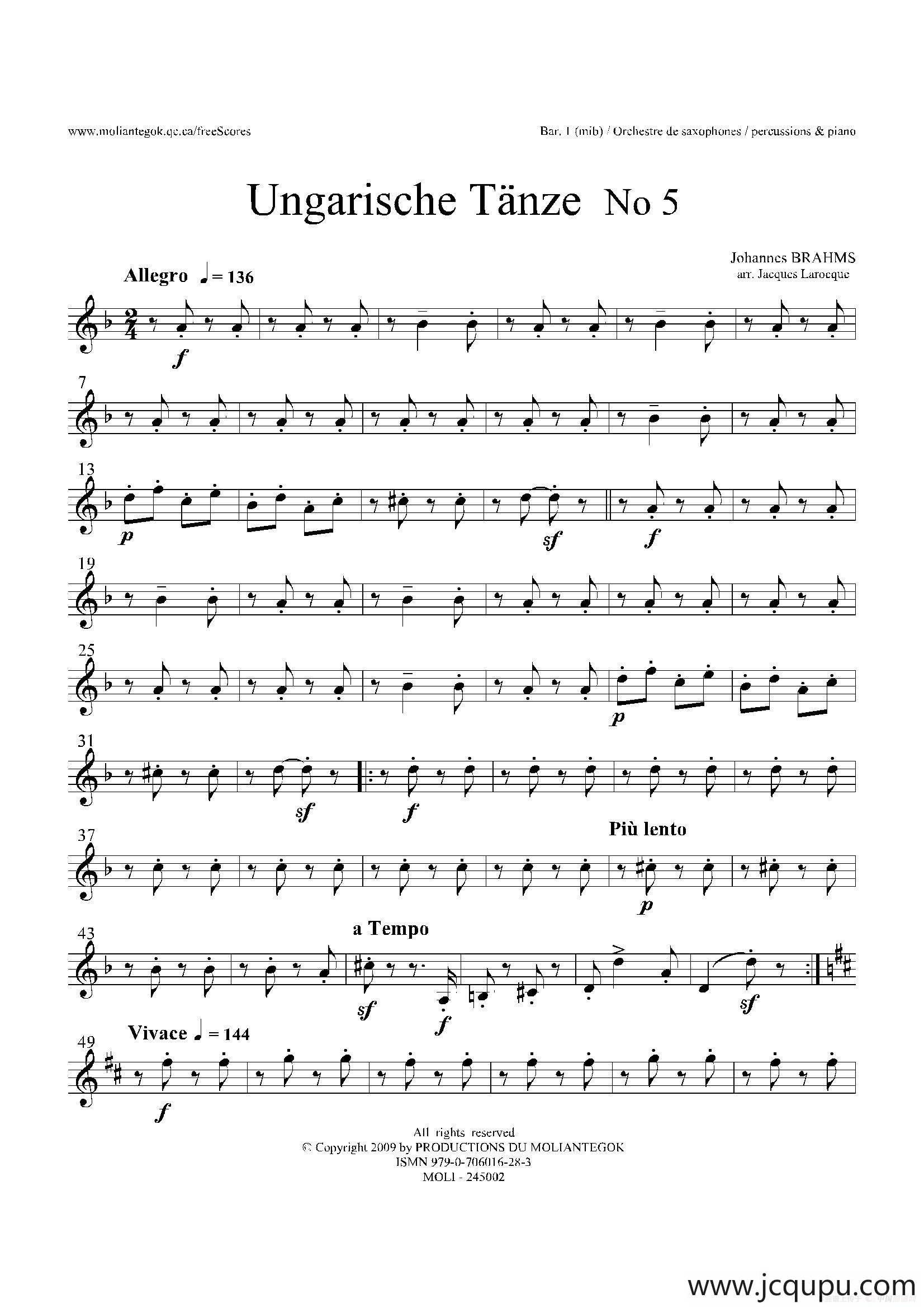 Ungarische Tnze No 5（十五重奏Bar.1-2-3分谱）简谱