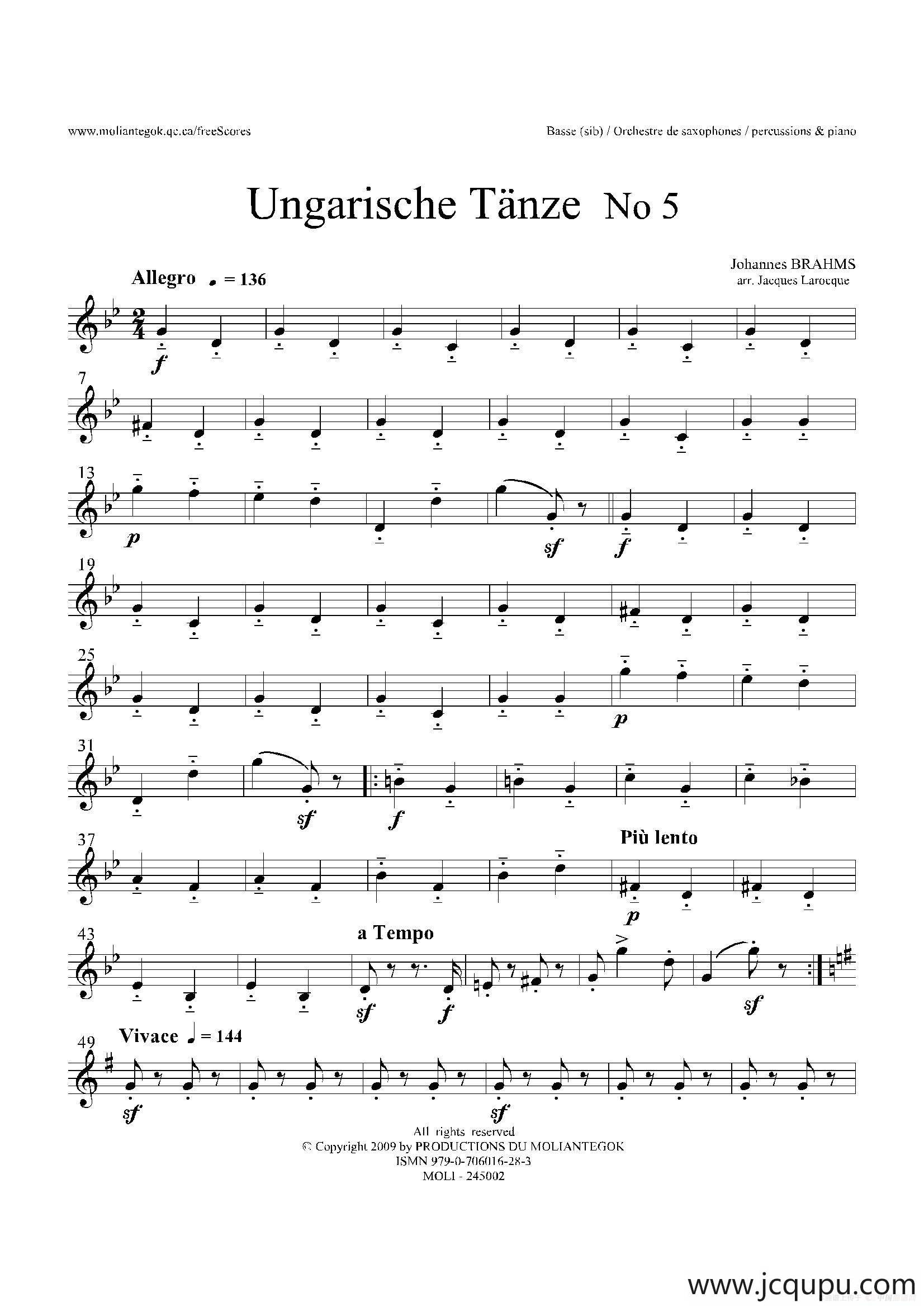 Ungarische Tnze No 5（十五重奏Basse分谱）简谱