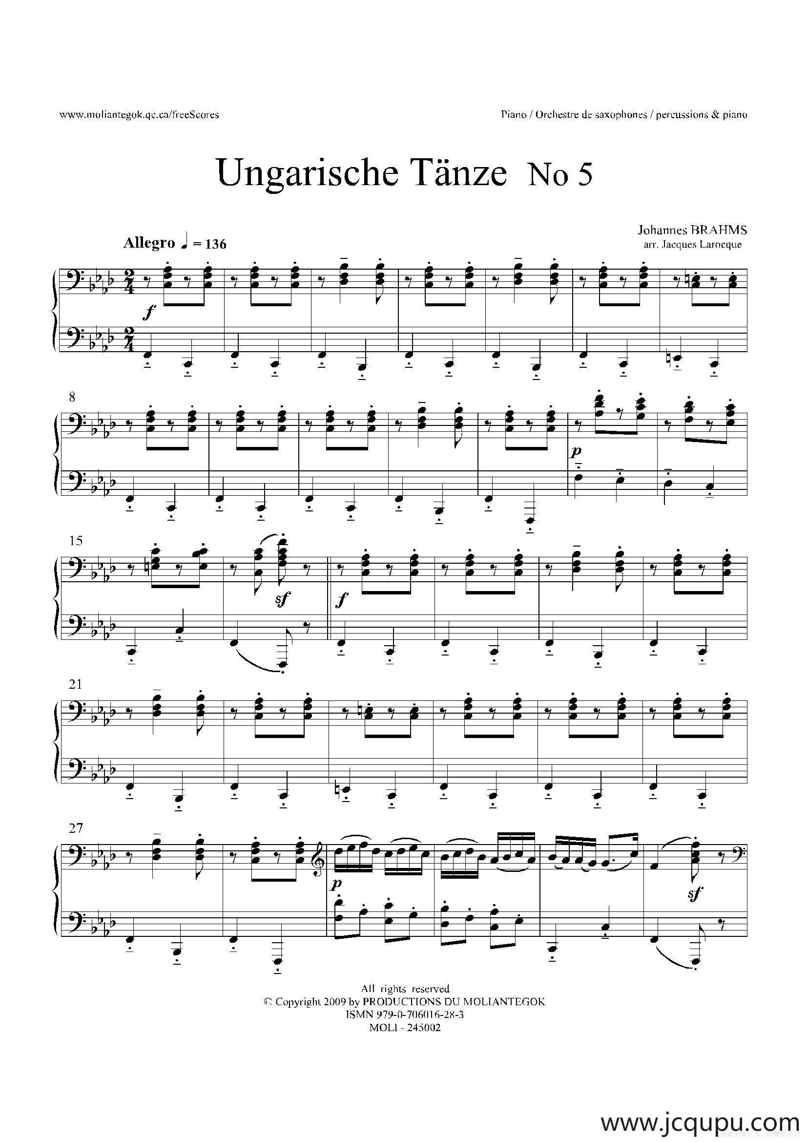 Ungarische Tnze No 5（十五重奏​Piano分谱）简谱