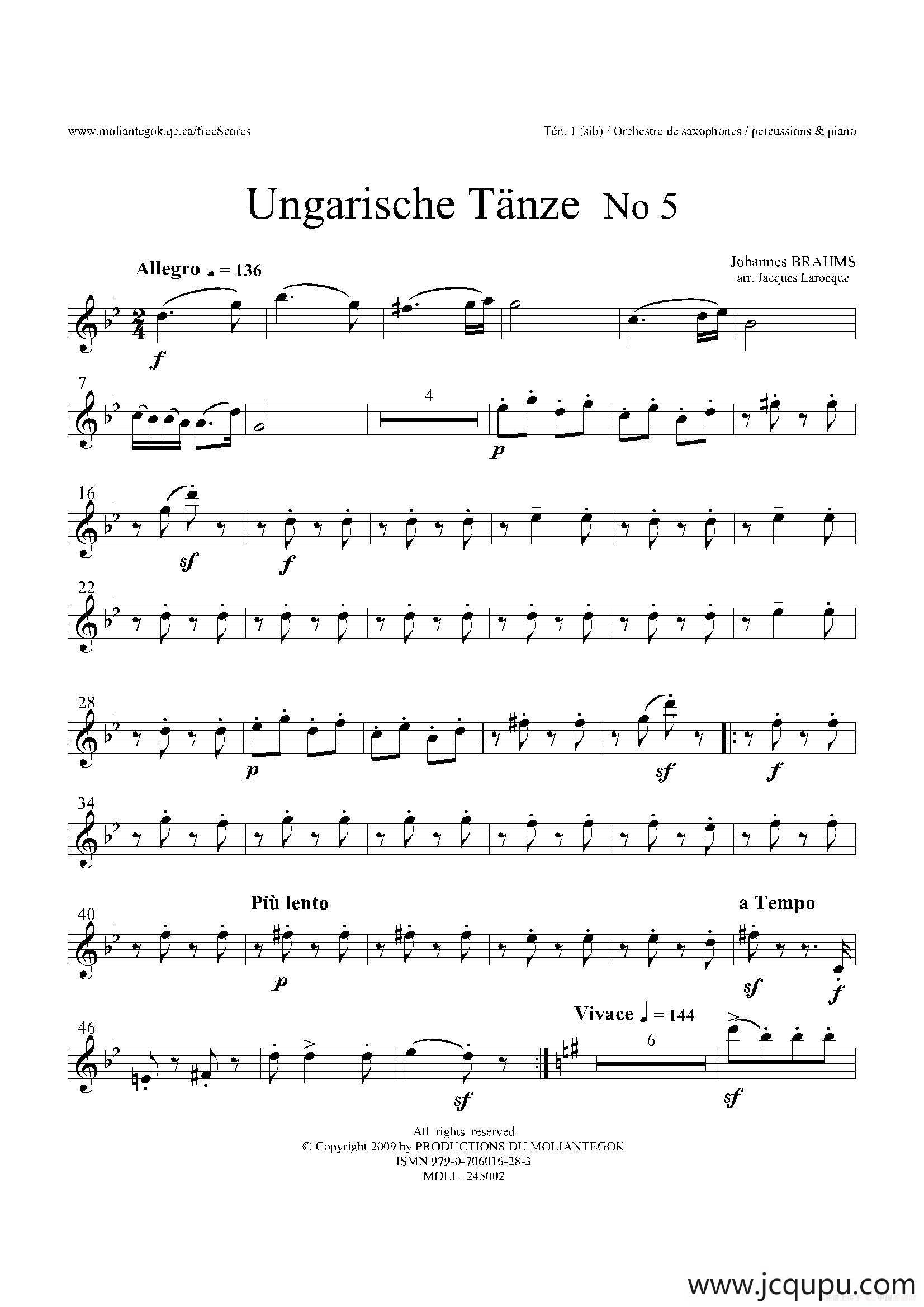 Ungarische Tnze No 5（十五重奏​Ten.1-2-3​分谱）简谱