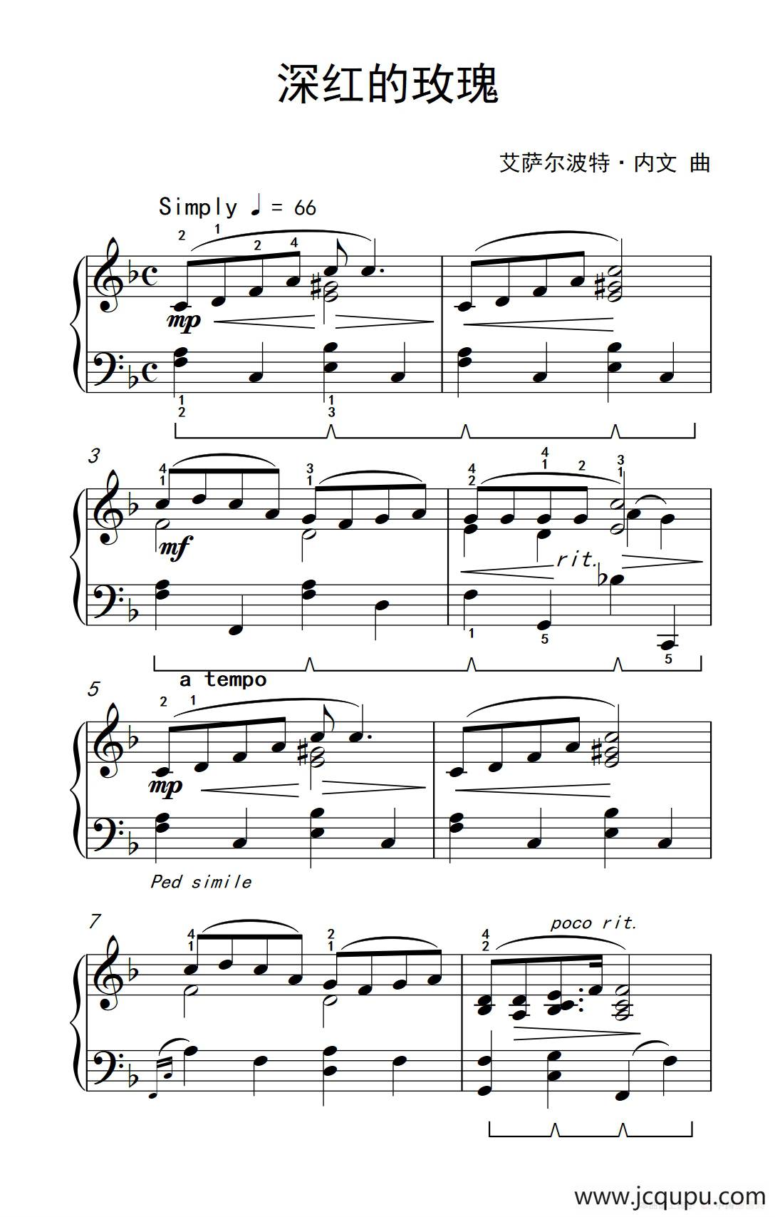 深红的玫瑰（约翰·汤普森 成人钢琴教程 第三册）简谱