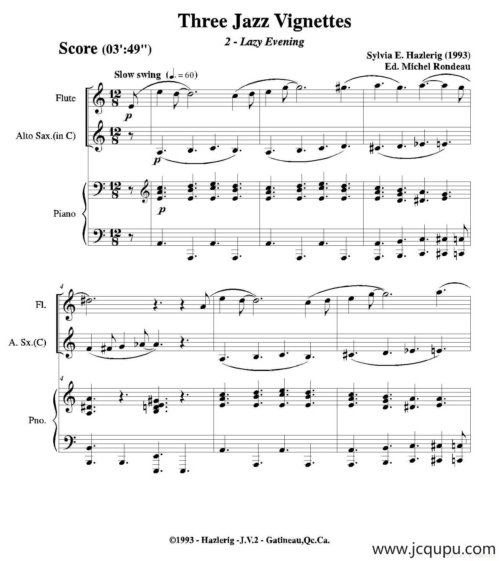 Three jazz vignettes（第二乐章）（长笛中萨钢琴三重奏总谱）简谱