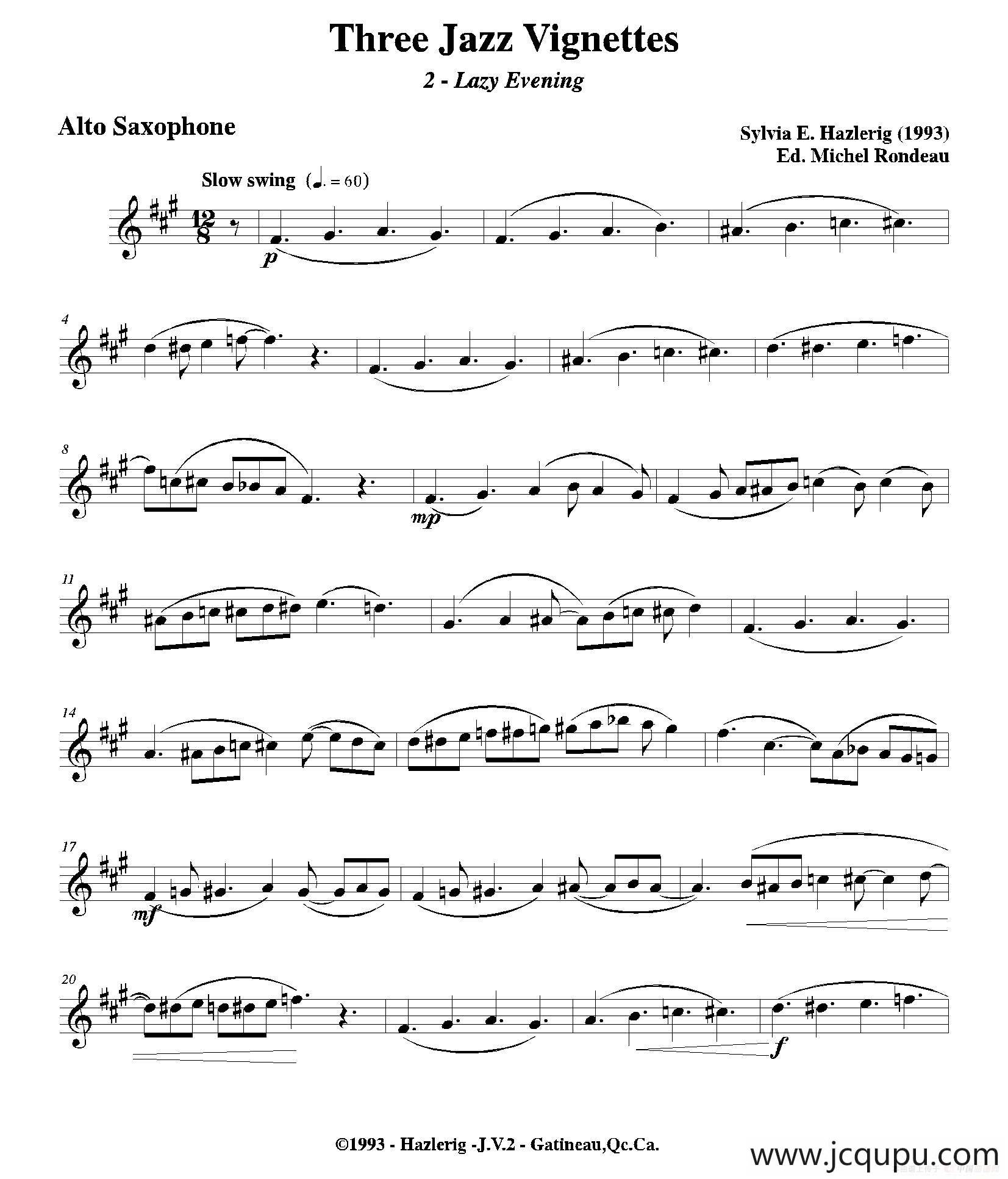 Three jazz vignettes（第二乐章）（三重奏中音萨克斯分谱）简谱