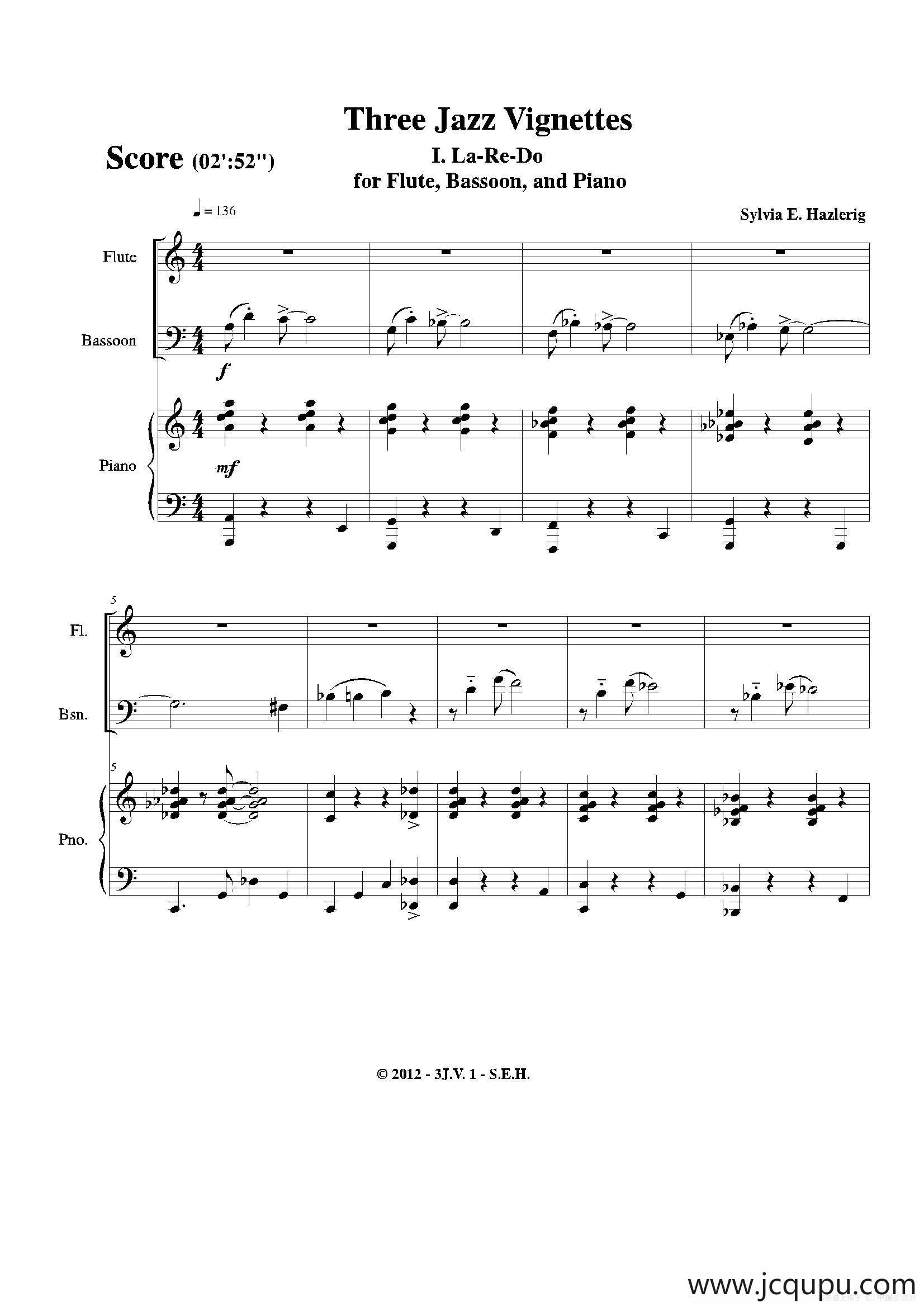 Three jazz vignettes（第一乐章）（长笛巴松钢琴三重奏）简谱