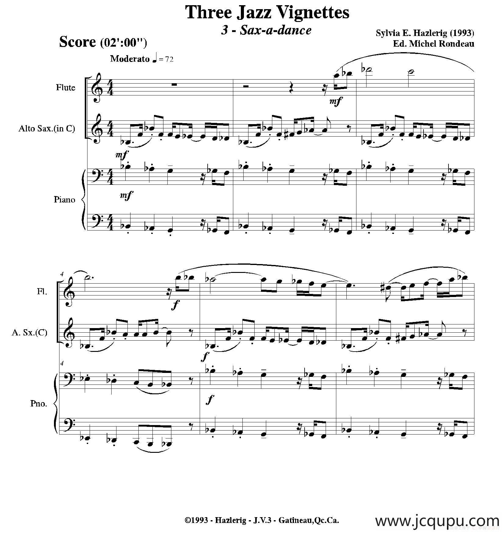 Three jazz vignettes（第三乐章）（长笛中萨钢琴三重奏总谱）简谱