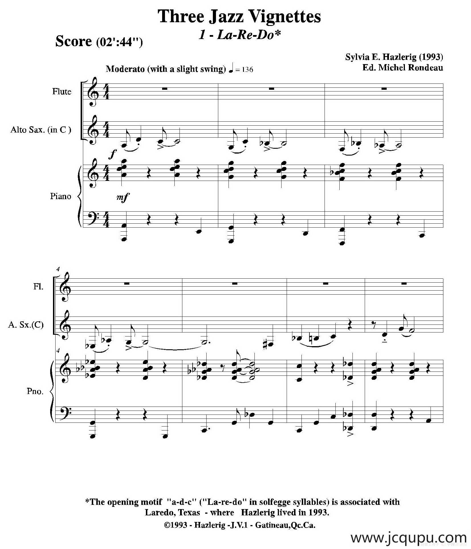 Three jazz vignettes（第一乐章）（长笛中萨钢琴三重奏总谱）简谱