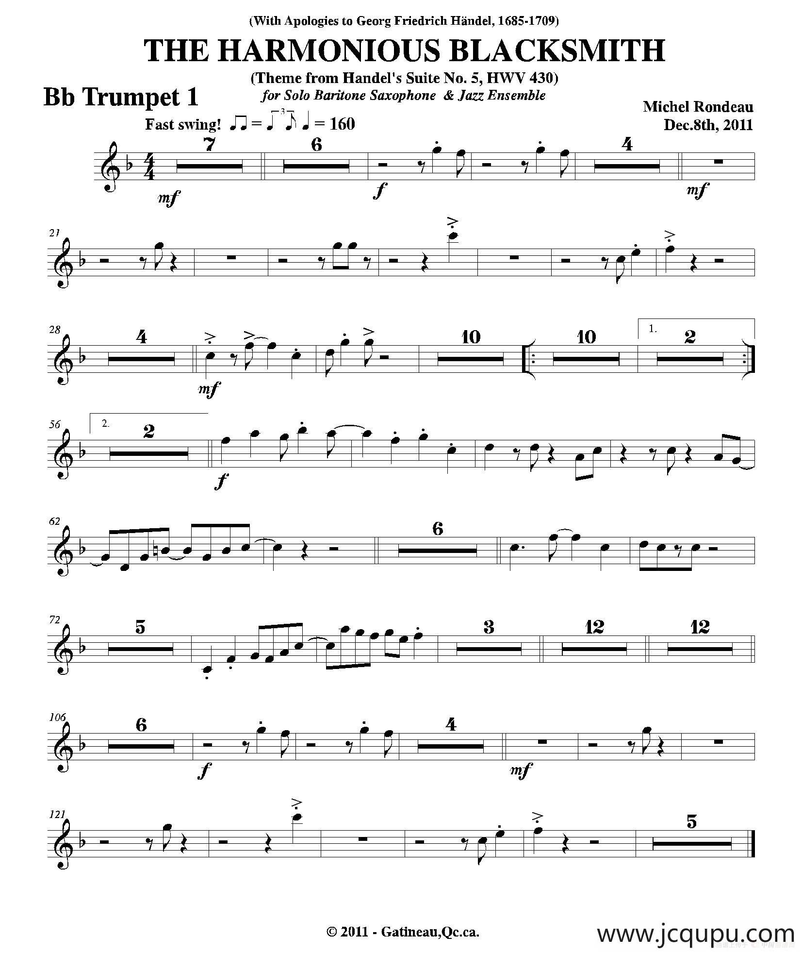 THE HARMONIOUS BLACKSMITH（第一降B小号分谱）简谱