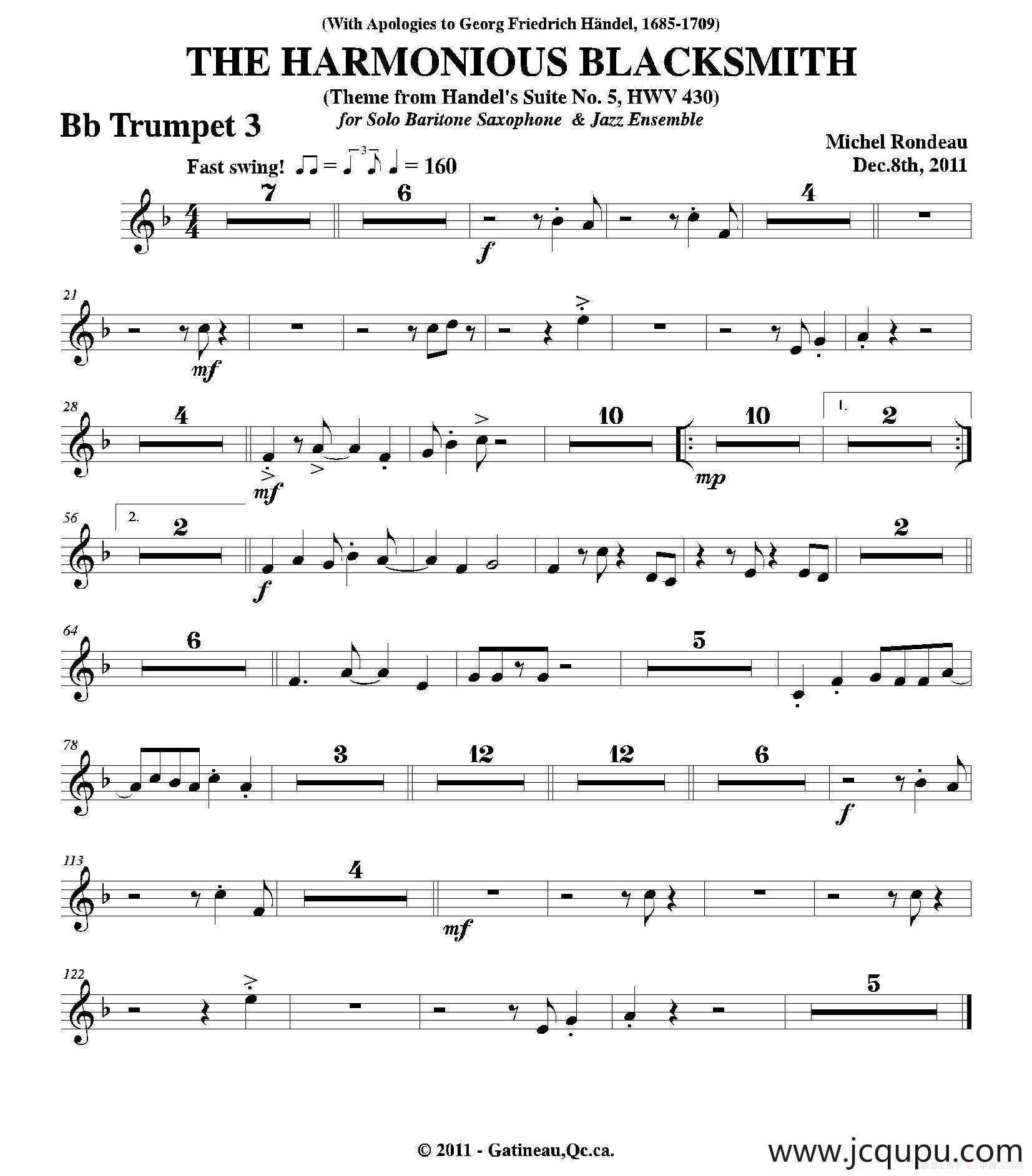 THE HARMONIOUS BLACKSMITH（第三降B小号分谱）简谱