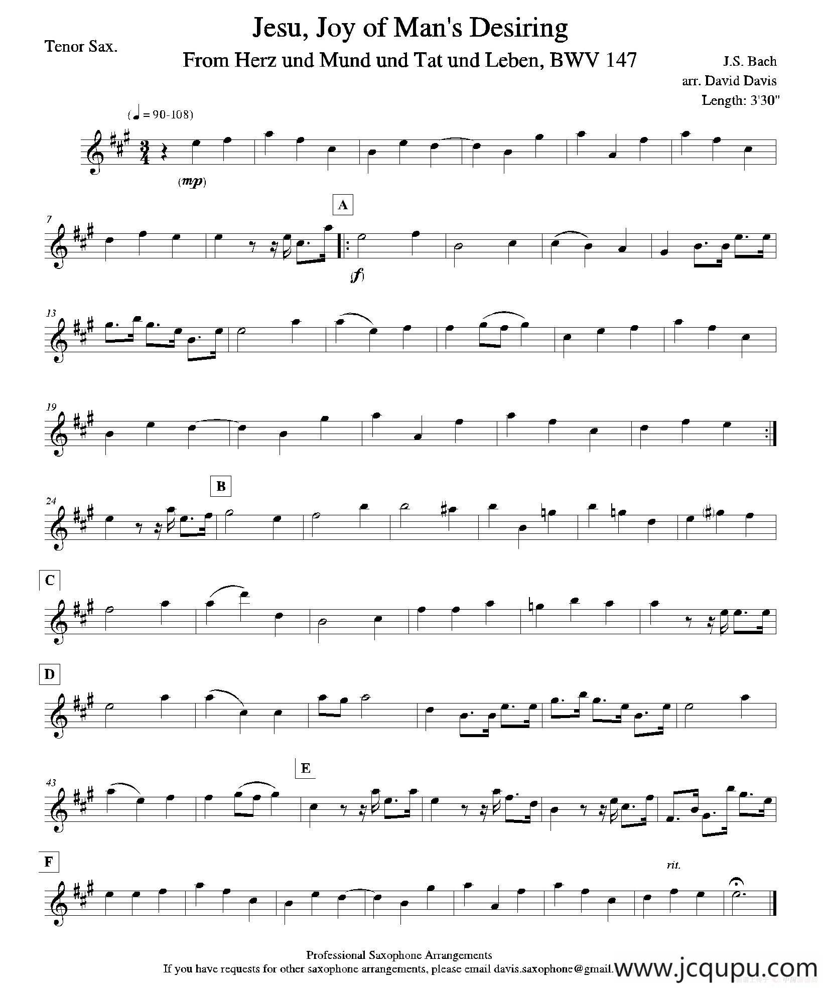 Jesu,Joy of Man's Desiring（四重奏次中音萨克斯分谱）简谱