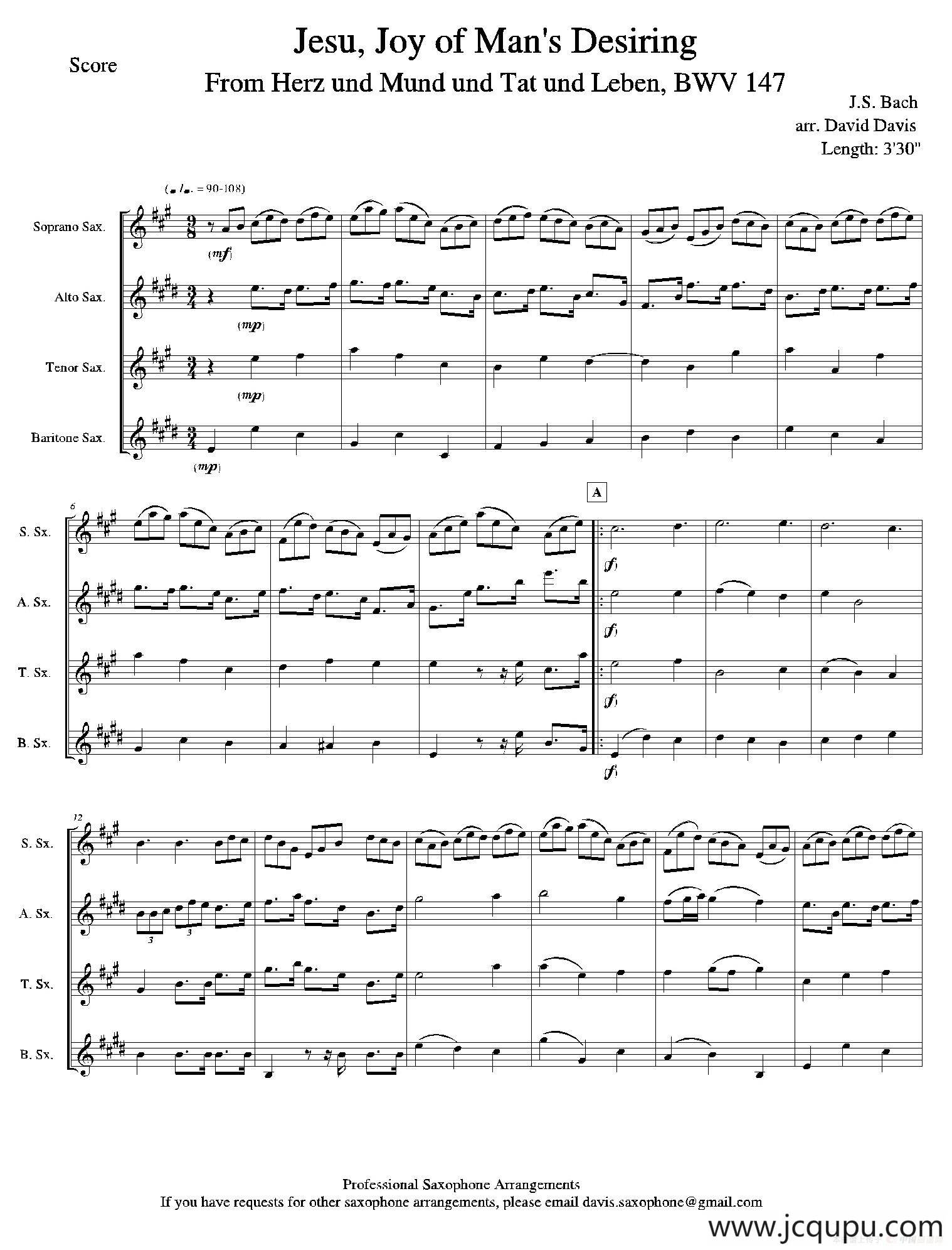 Jesu,Joy of Man's Desiring （四重奏）简谱