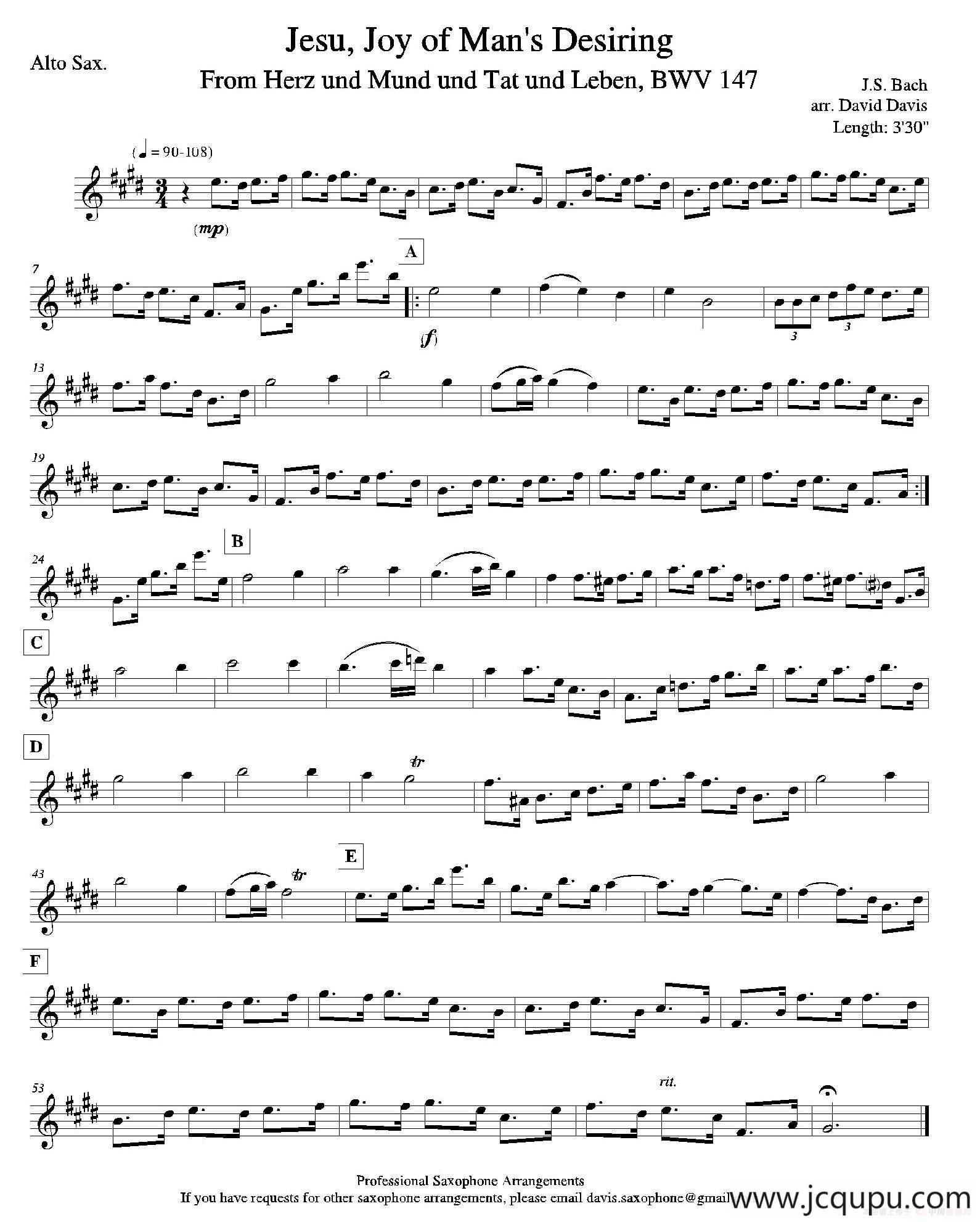 Jesu,Joy of Man's Desiring （四重奏中音萨克斯分谱）简谱