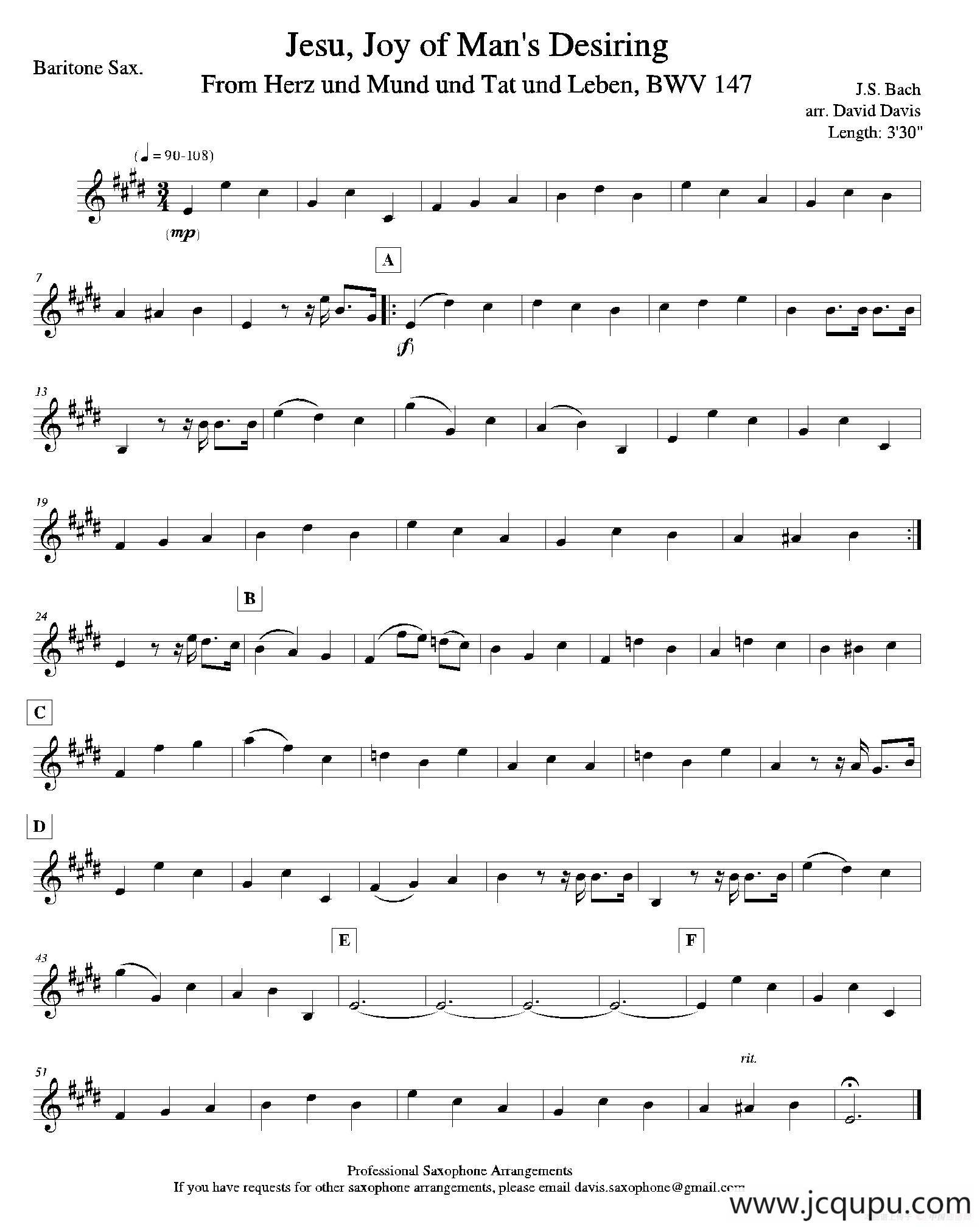 Jesu,Joy of Man's Desiring （四重奏上低音萨克斯分谱）简谱