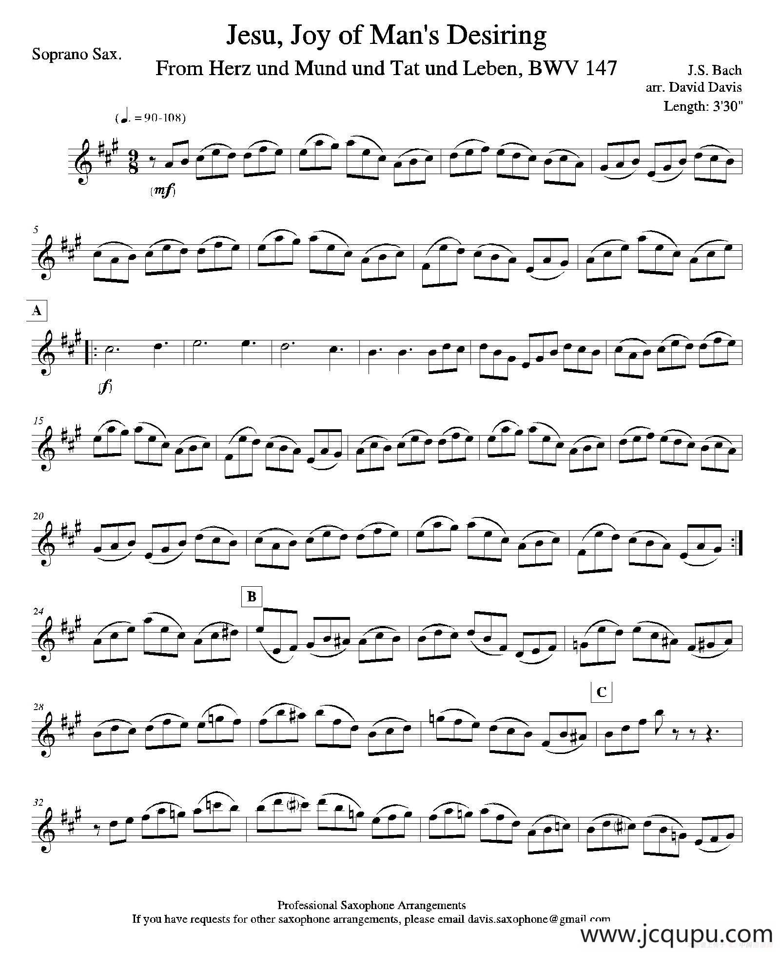 Jesu,Joy of Man's Desiring（四重奏高音萨克斯分谱）简谱
