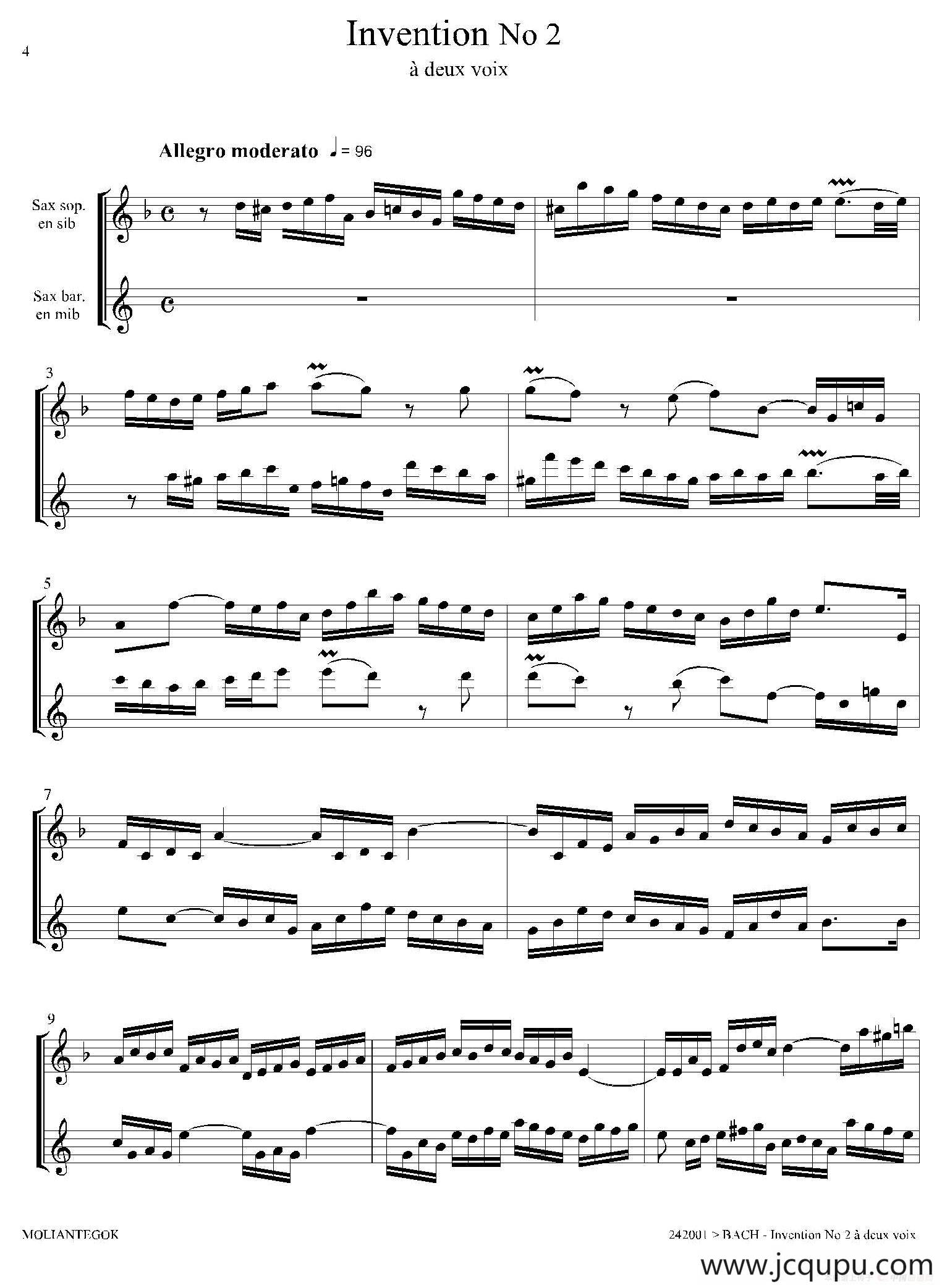 Inventions 巴赫15首创意曲（二重奏—2）简谱