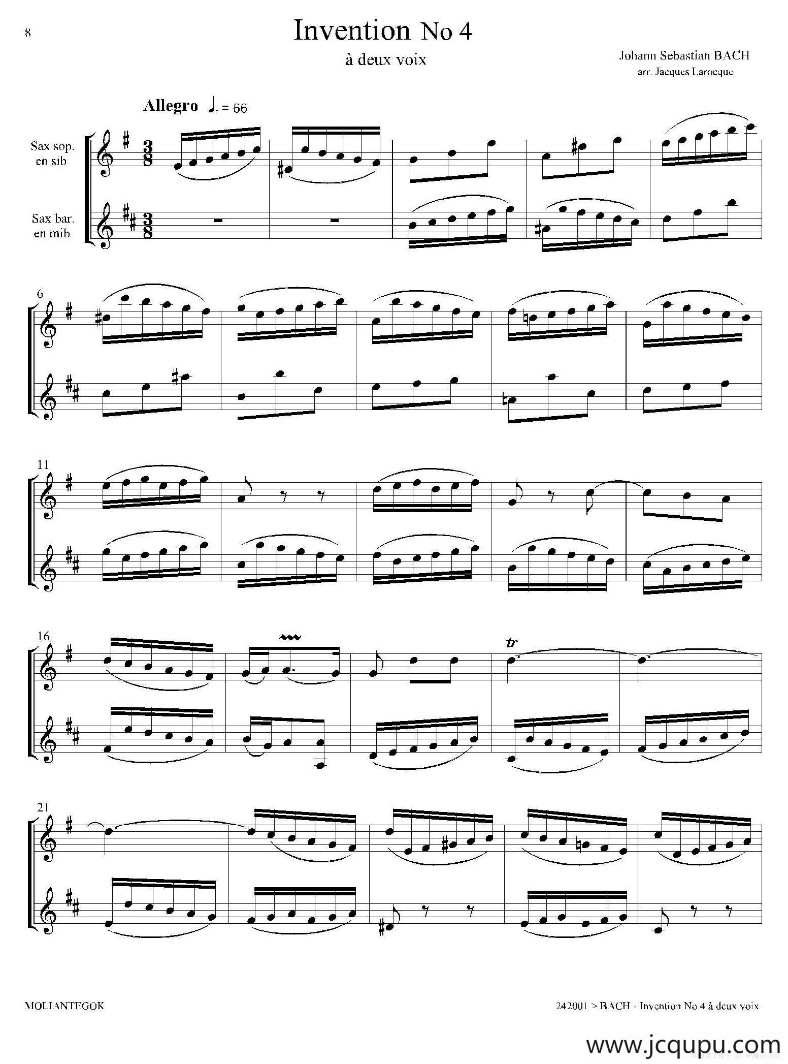 Inventions 巴赫15首创意曲（二重奏—4）简谱