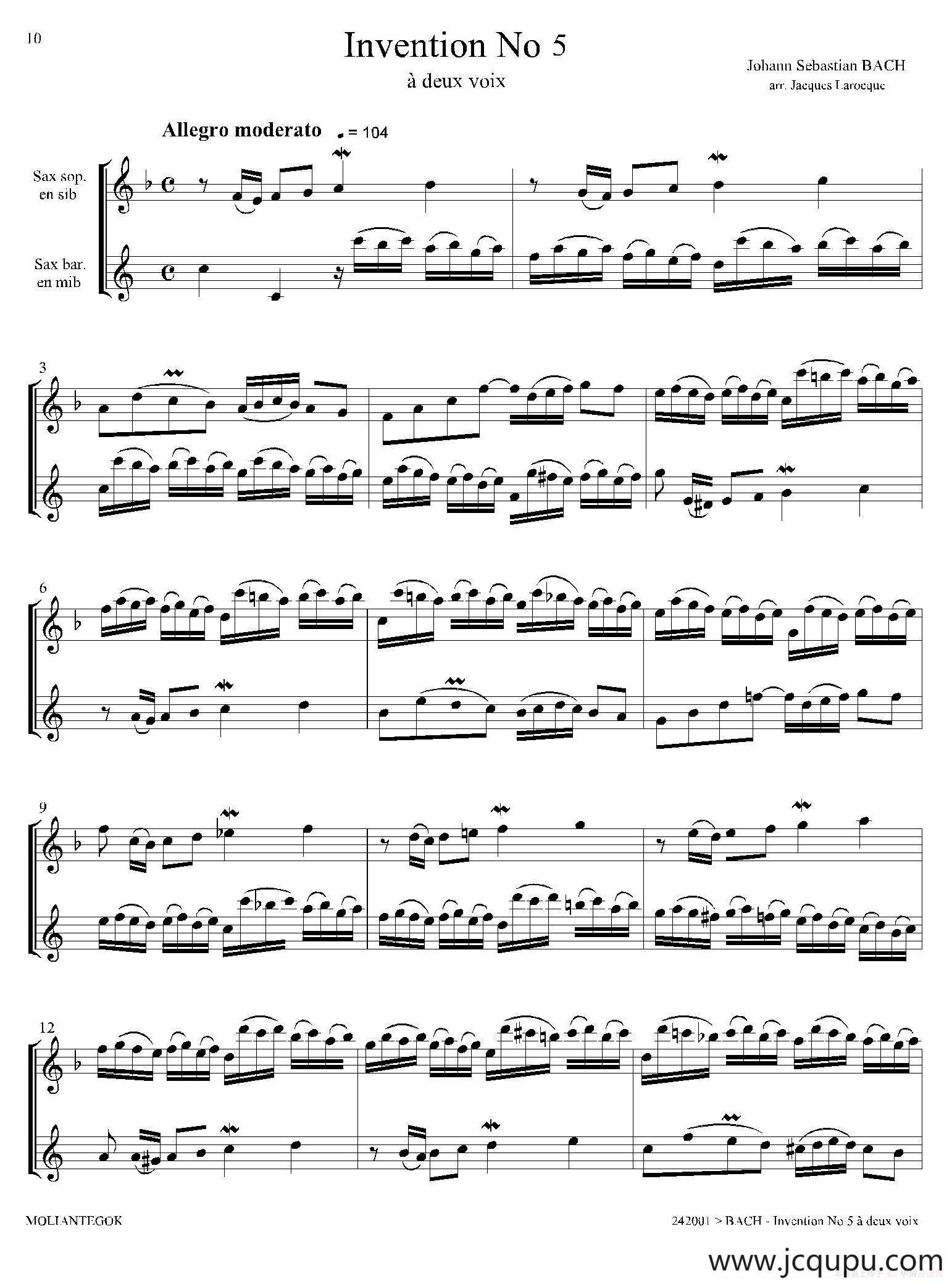 Inventions 巴赫15首创意曲（二重奏—5）简谱