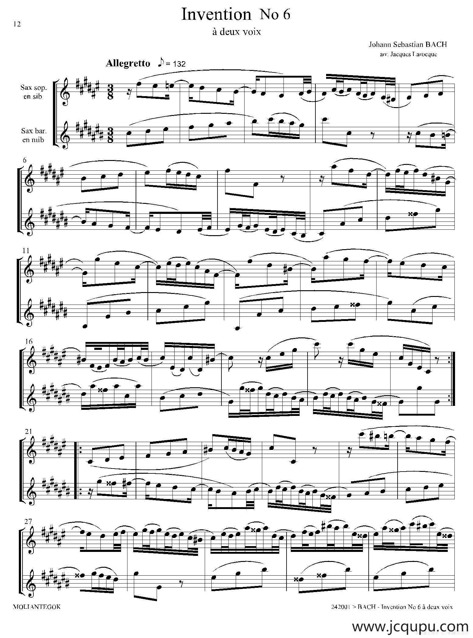 Inventions 巴赫15首创意曲（二重奏—6）简谱