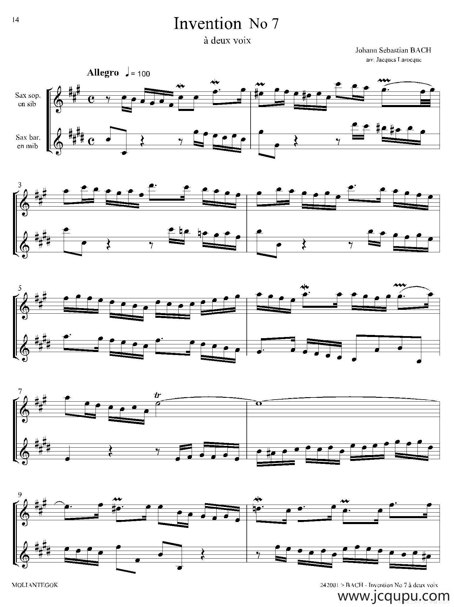 Inventions 巴赫15首创意曲（二重奏—7）简谱