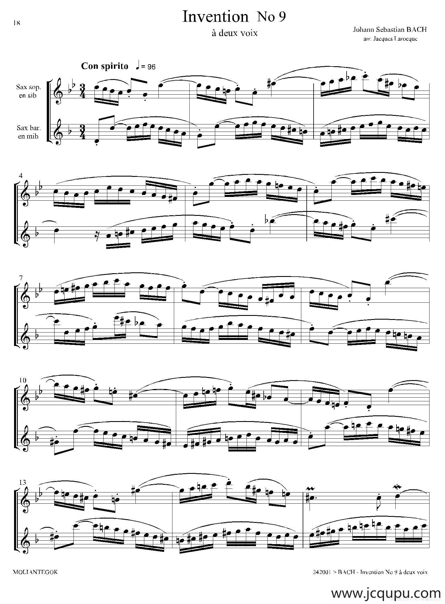 Inventions 巴赫15首创意曲（二重奏—9）简谱
