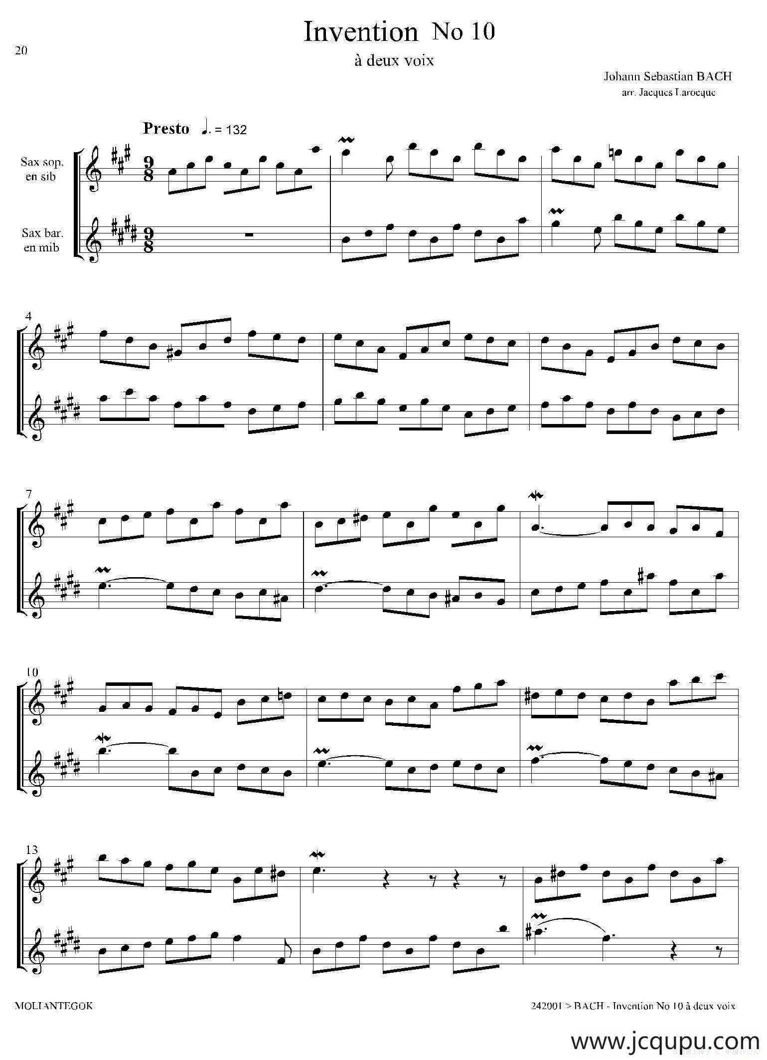 Inventions 巴赫15首创意曲（二重奏—10）简谱