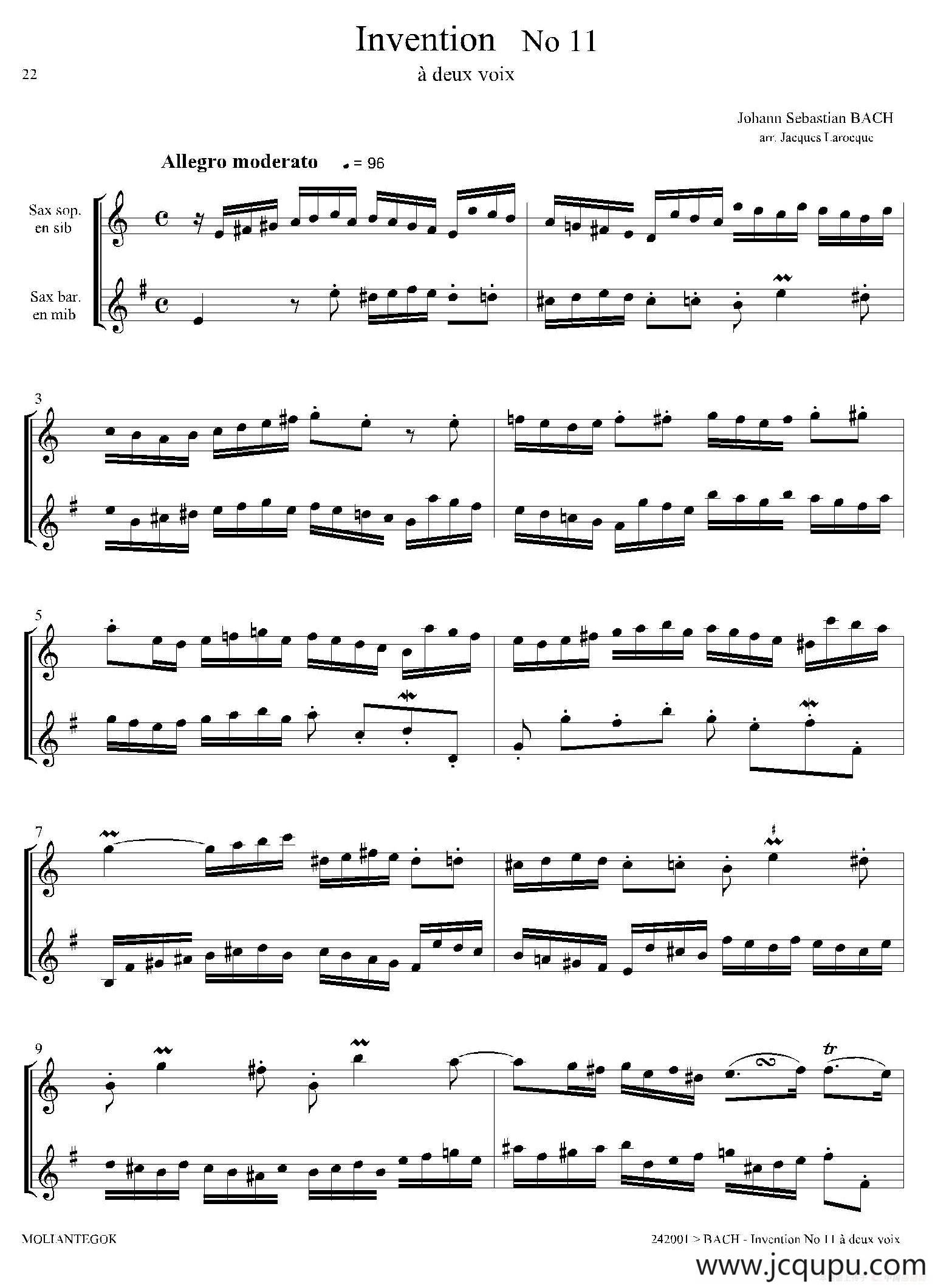 Inventions 巴赫15首创意曲（二重奏—11）简谱