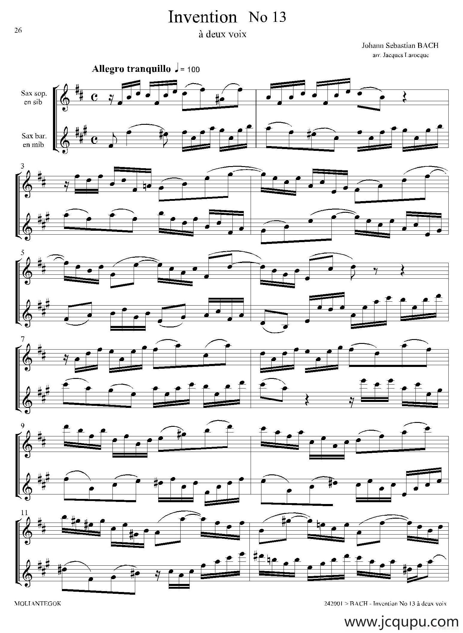 Inventions 巴赫15首创意曲（二重奏—13）简谱