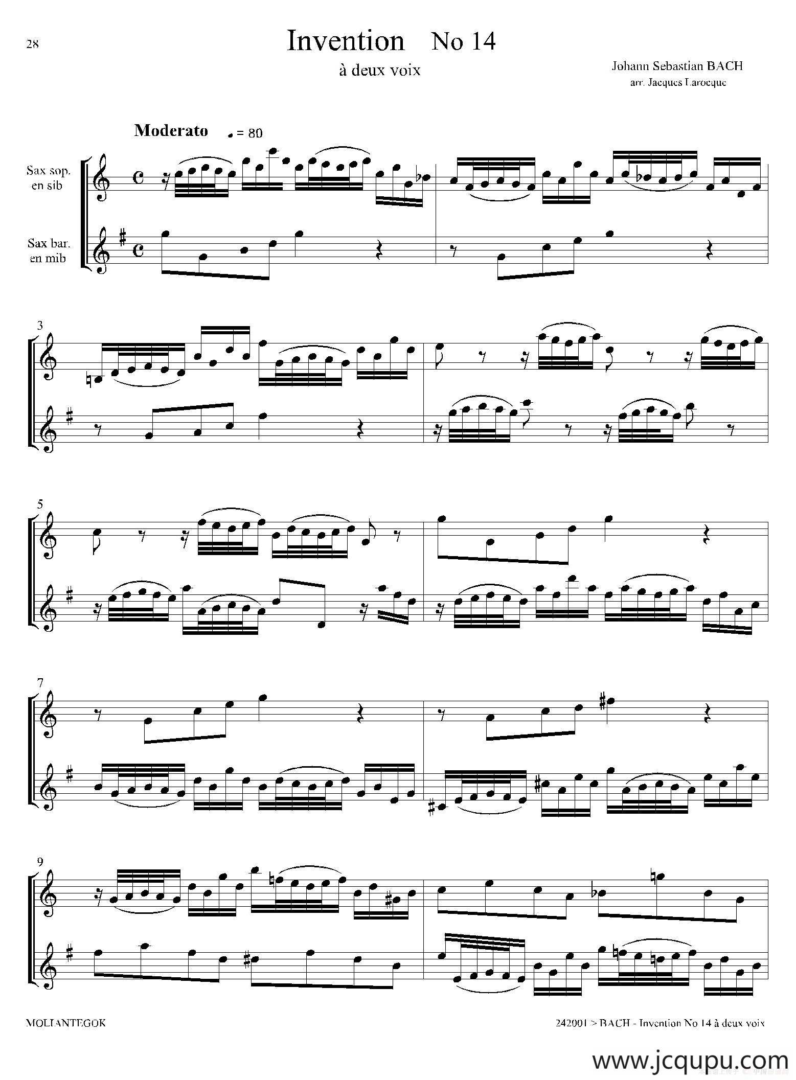 Inventions 巴赫15首创意曲（二重奏—14）简谱