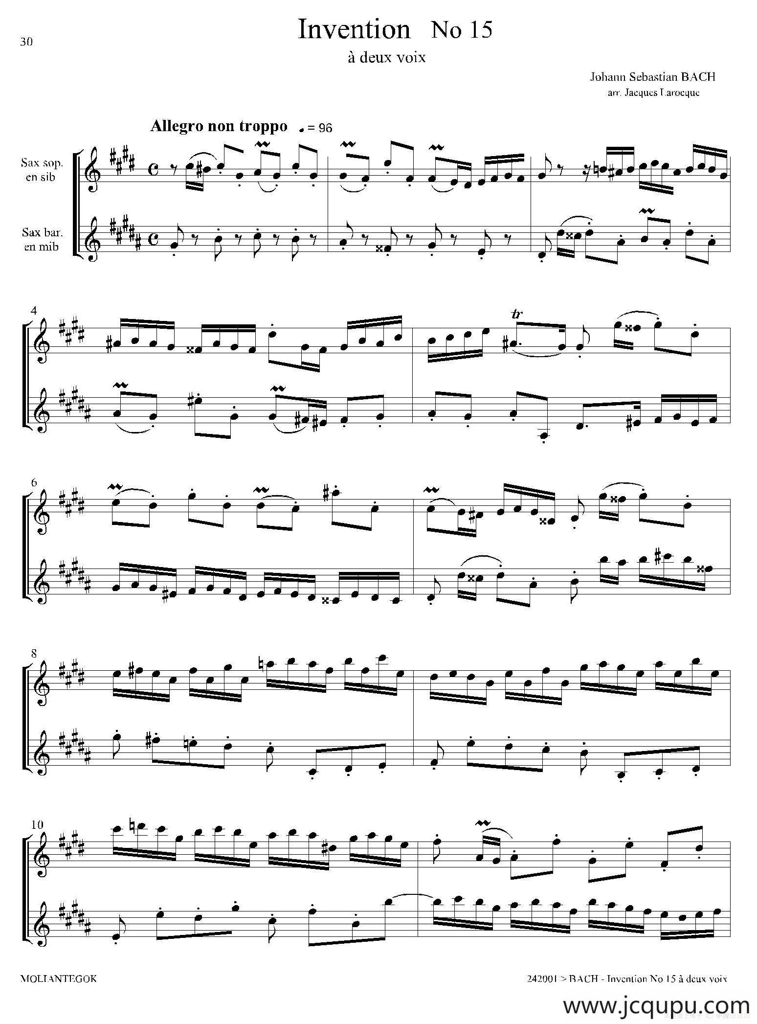 Inventions 巴赫15首创意曲（二重奏—15）简谱