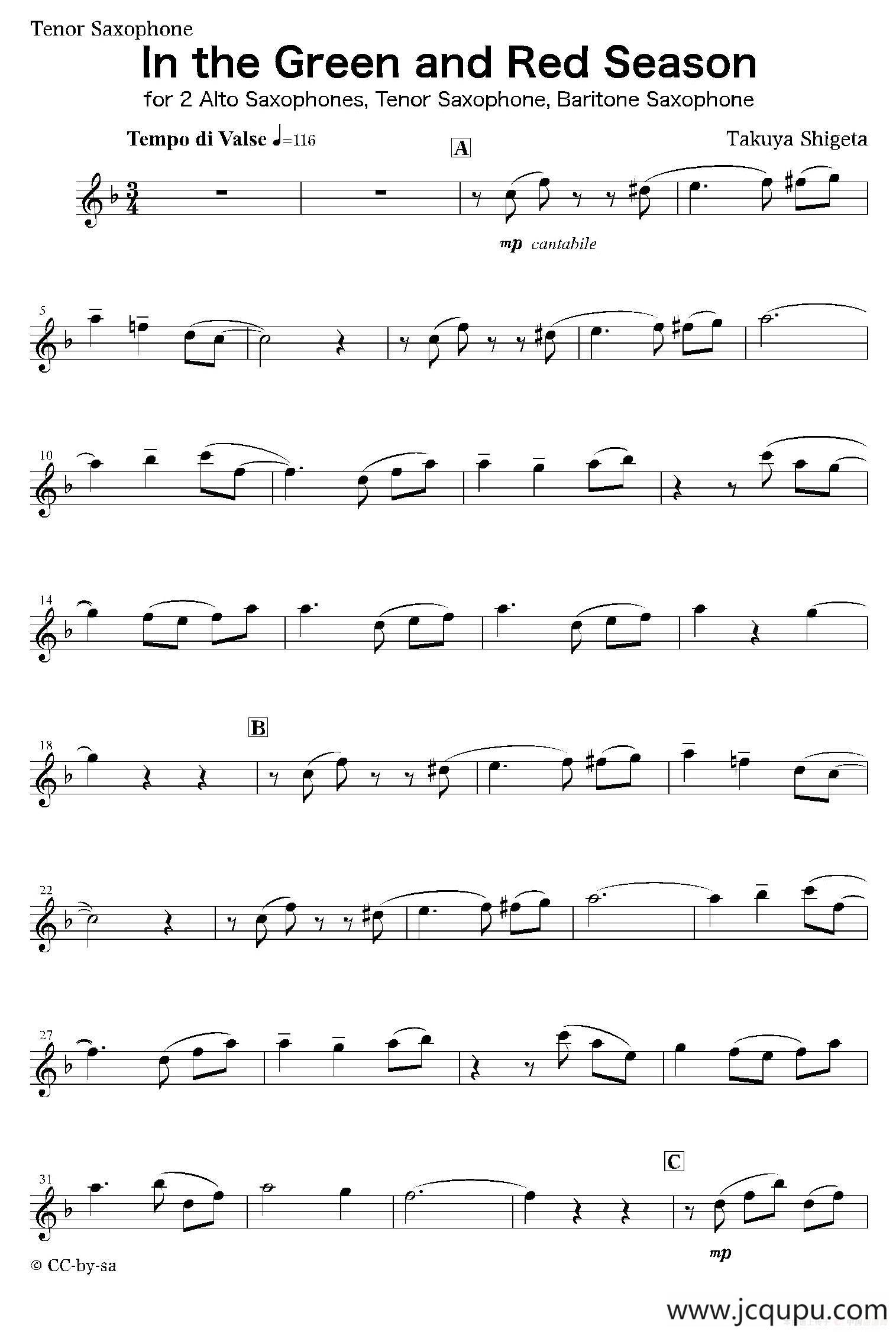 In the Green and Red Season（次中音萨克斯分谱）简谱