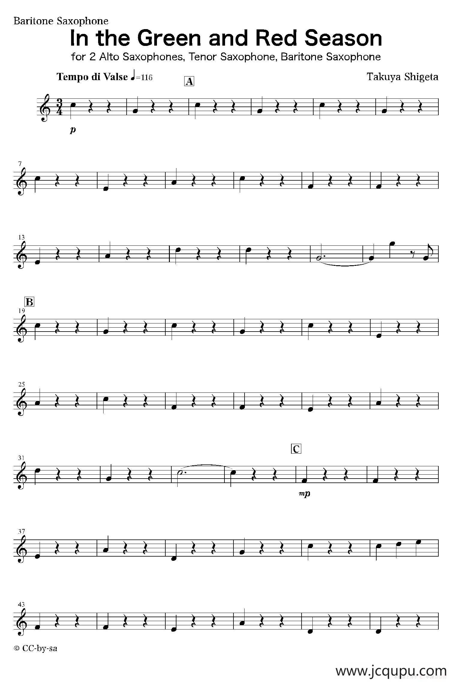 In the Green and Red Season（上低中音萨克斯分谱）简谱