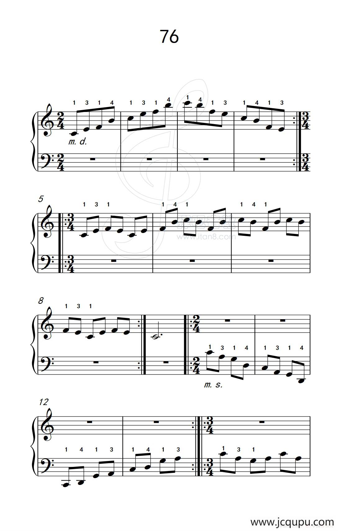 使大指灵活转动的单手练习 76（儿童钢琴手指练习 2）简谱