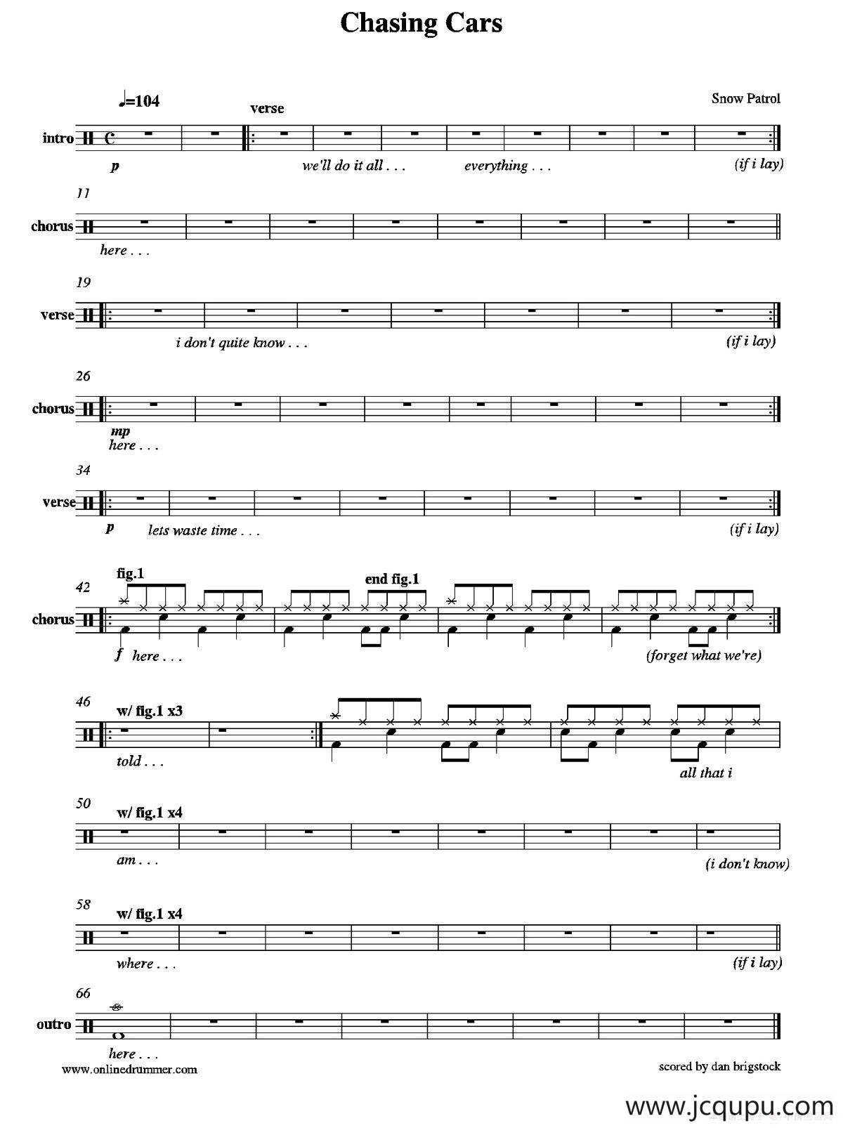 Chasing Cars（鼓谱）简谱