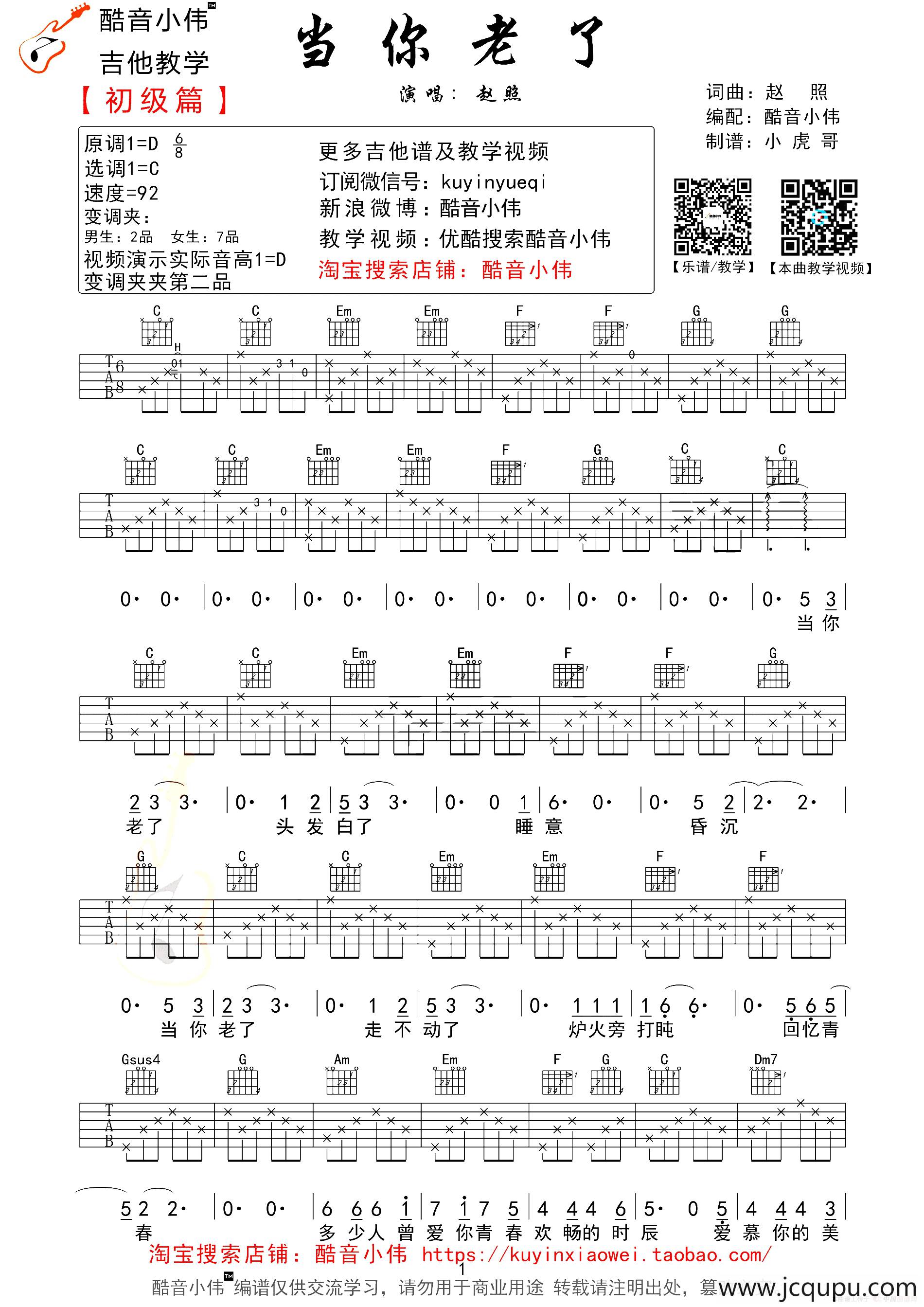 当你老了（赵照词曲、酷音小伟编配版）简谱