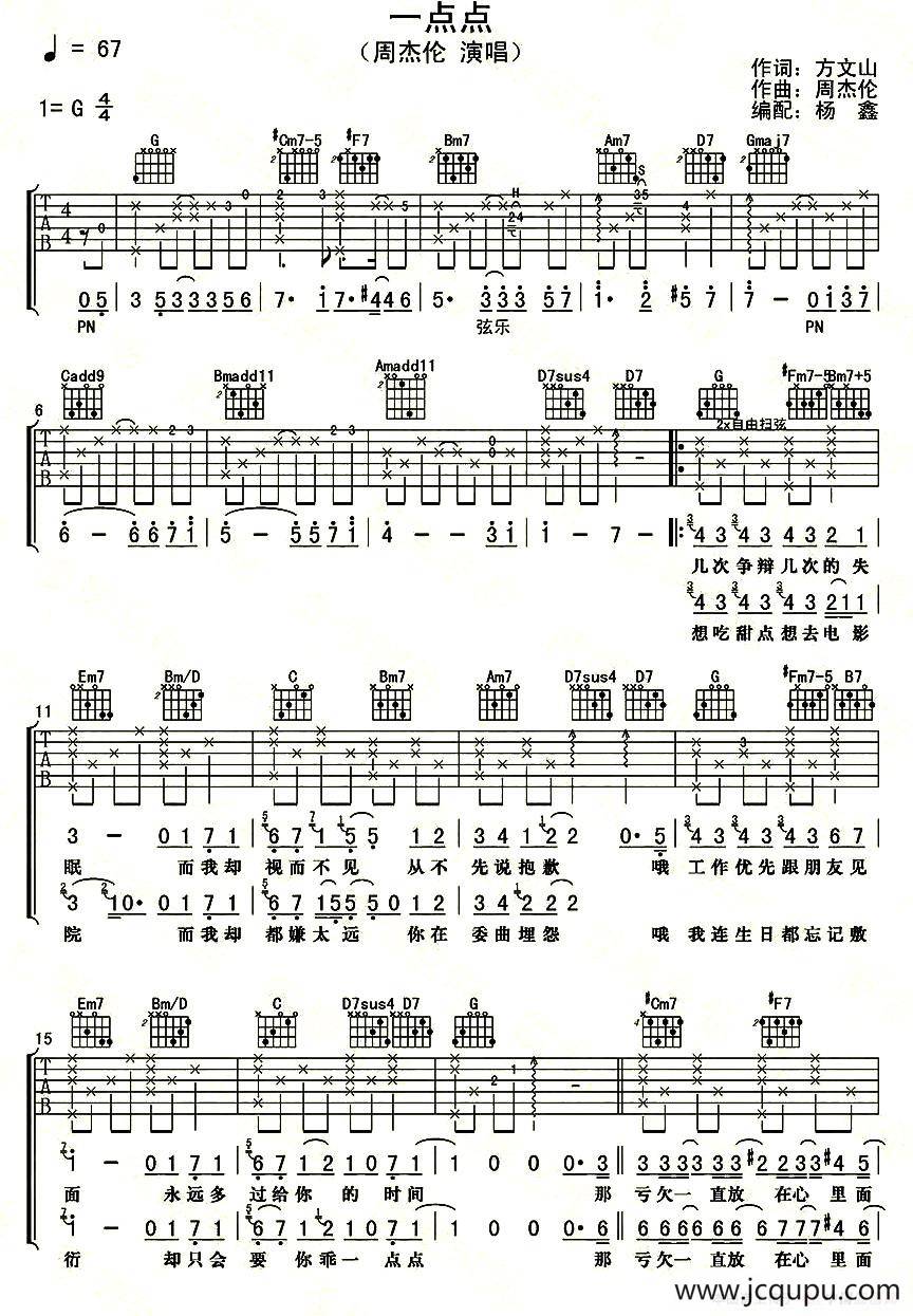 一点点（方文山词 周杰伦曲、杨鑫编配）简谱