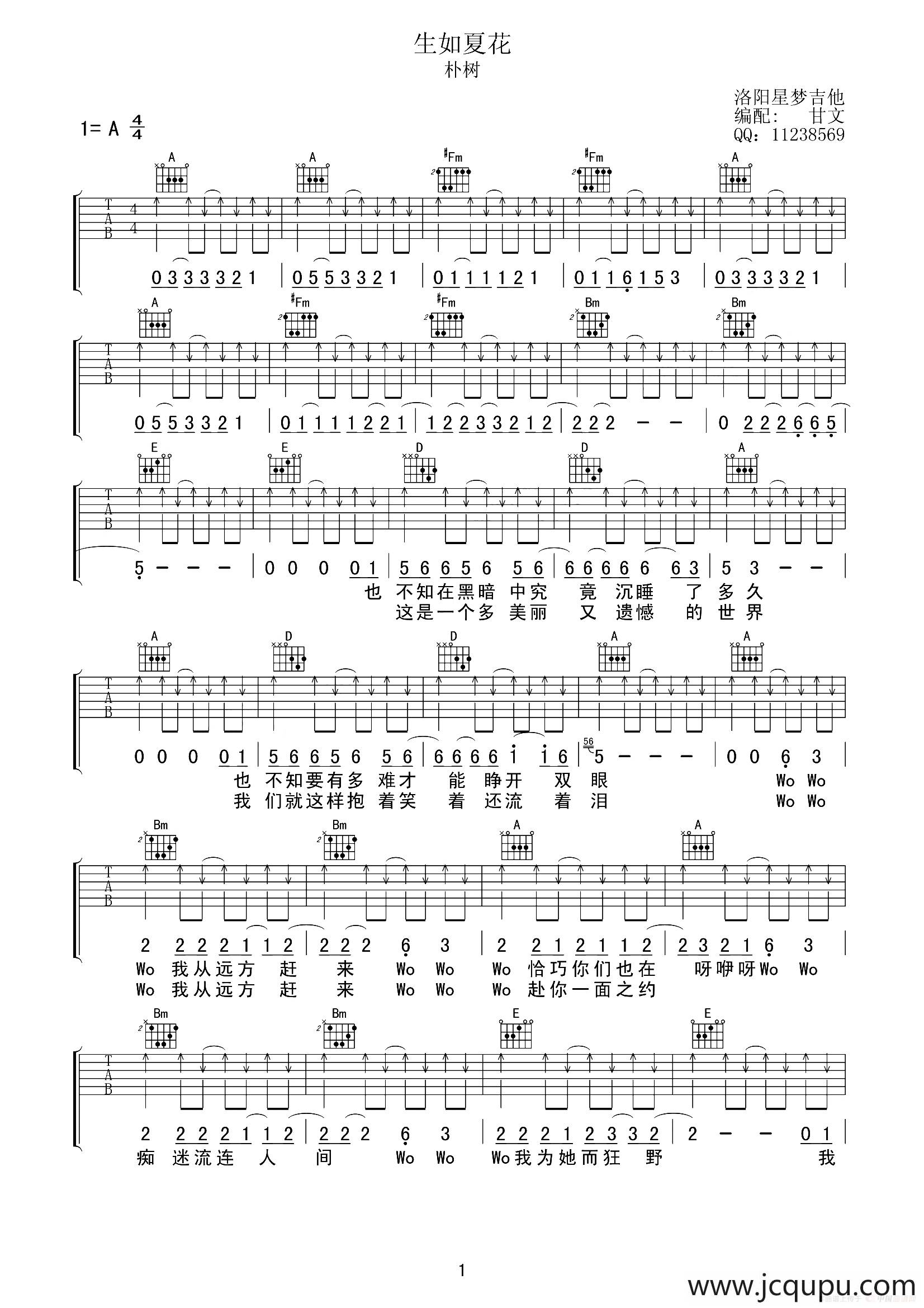 生如夏花（甘文编配版）简谱