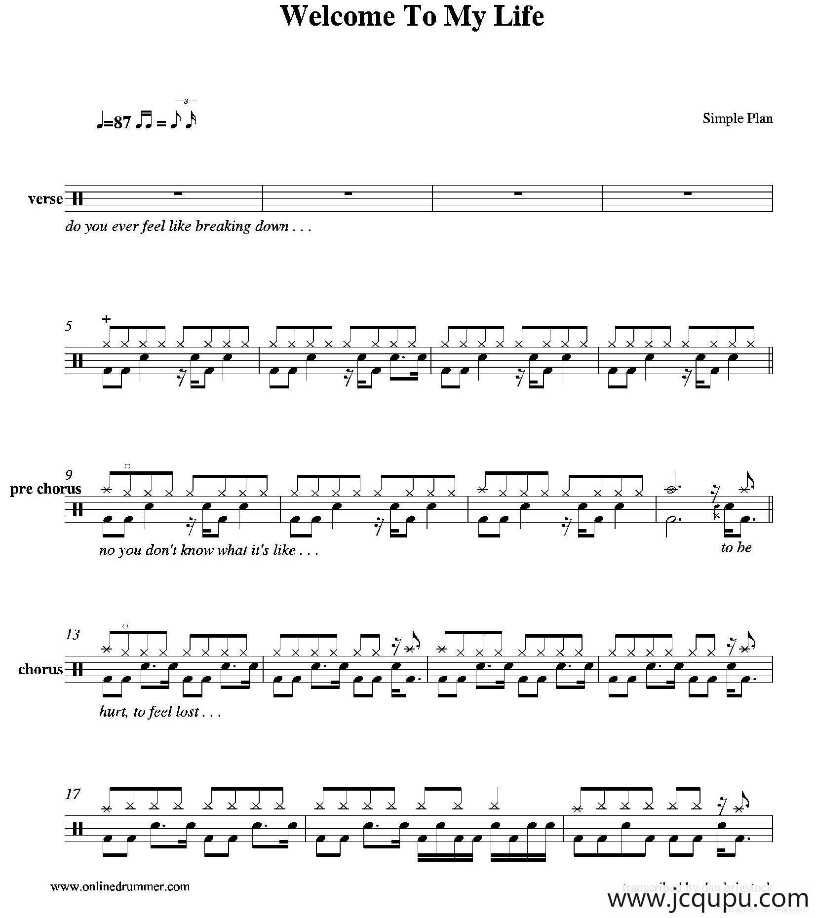 Welcome To My Life（鼓谱）简谱