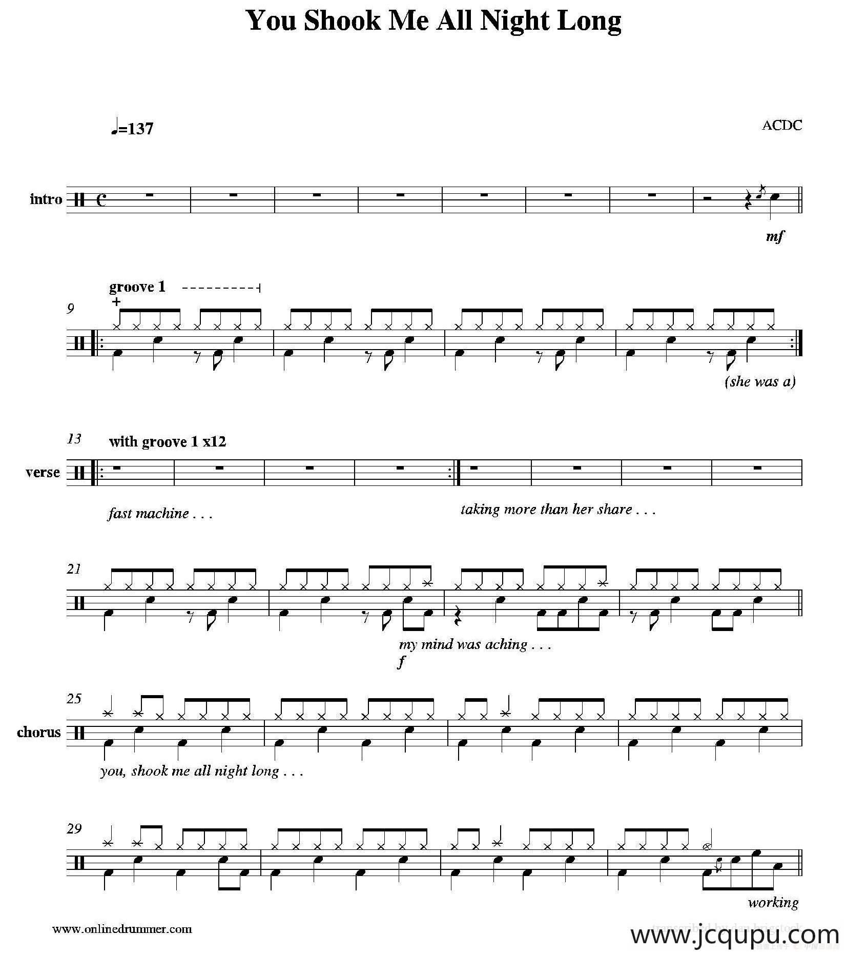 You Shook Me All Night Long（鼓谱）简谱